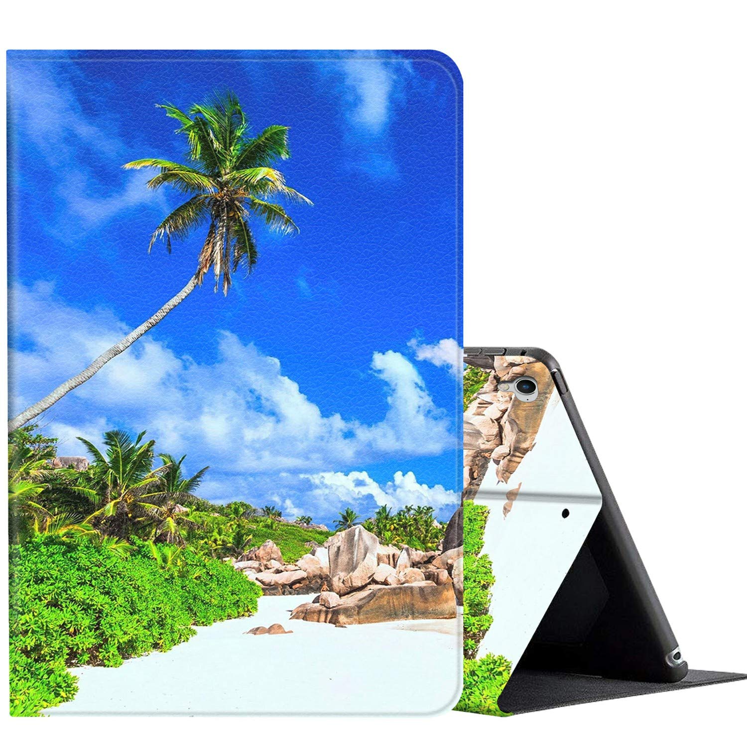 AMOOK Adjustable Folio Smart Cover Stand Case for iPad 9.7 inch (6th/5th Gen & iPad Air 1/2) - Shockproof Protective Case with Stand, Blue Beach Design - Perfect for Work, School, and Travel