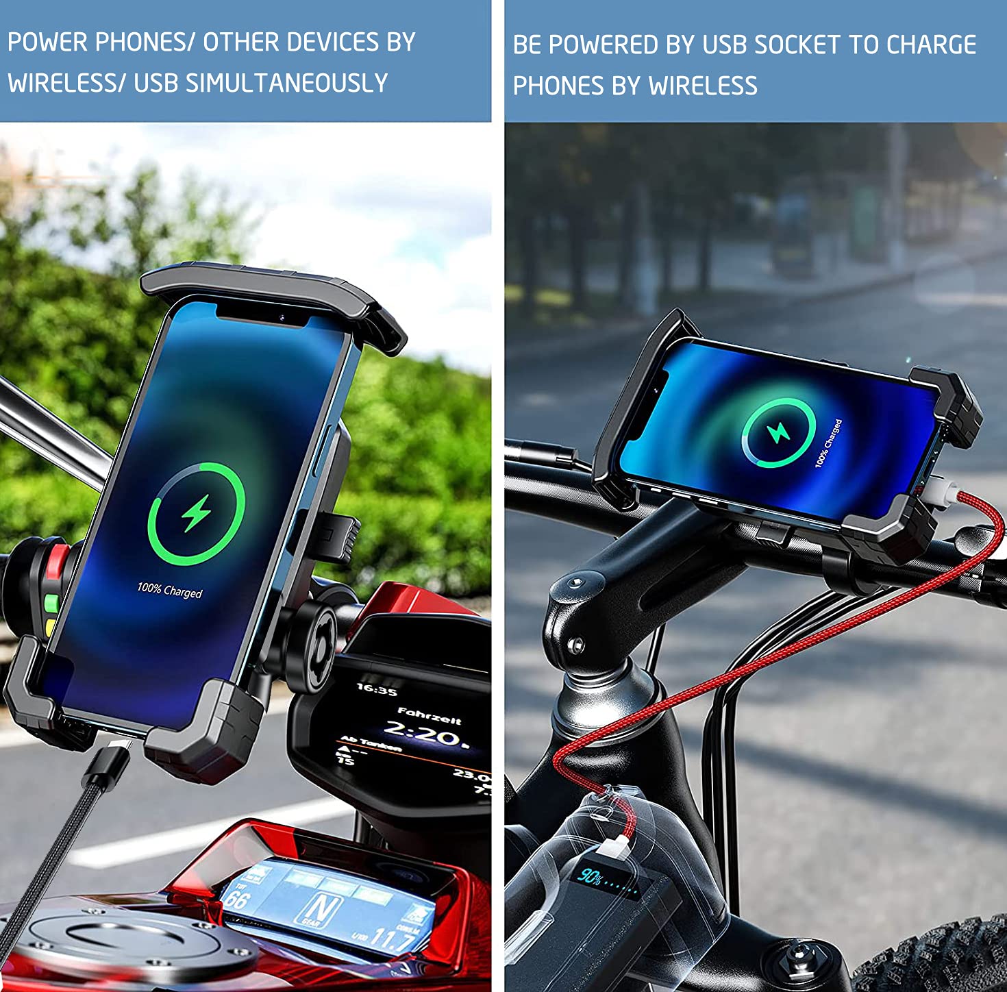 Anti-Theft Motorcycle Phone Mount with Wireless Charger - 15W Fast Charging, USB-C 5V 3A, 360° Rotation, Waterproof Handlebar Stem Holder for 4.0-7.0 Inch Phones (Fits 1