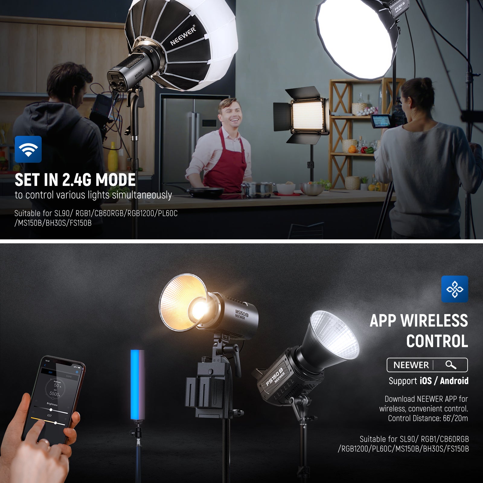 NEEWER MS150B 130W Bi-Color LED Video Light for Photography, YouTube Videos, and Studio Lighting - Perfect for Vlogging, Live Streaming, and Professional Filmmaking