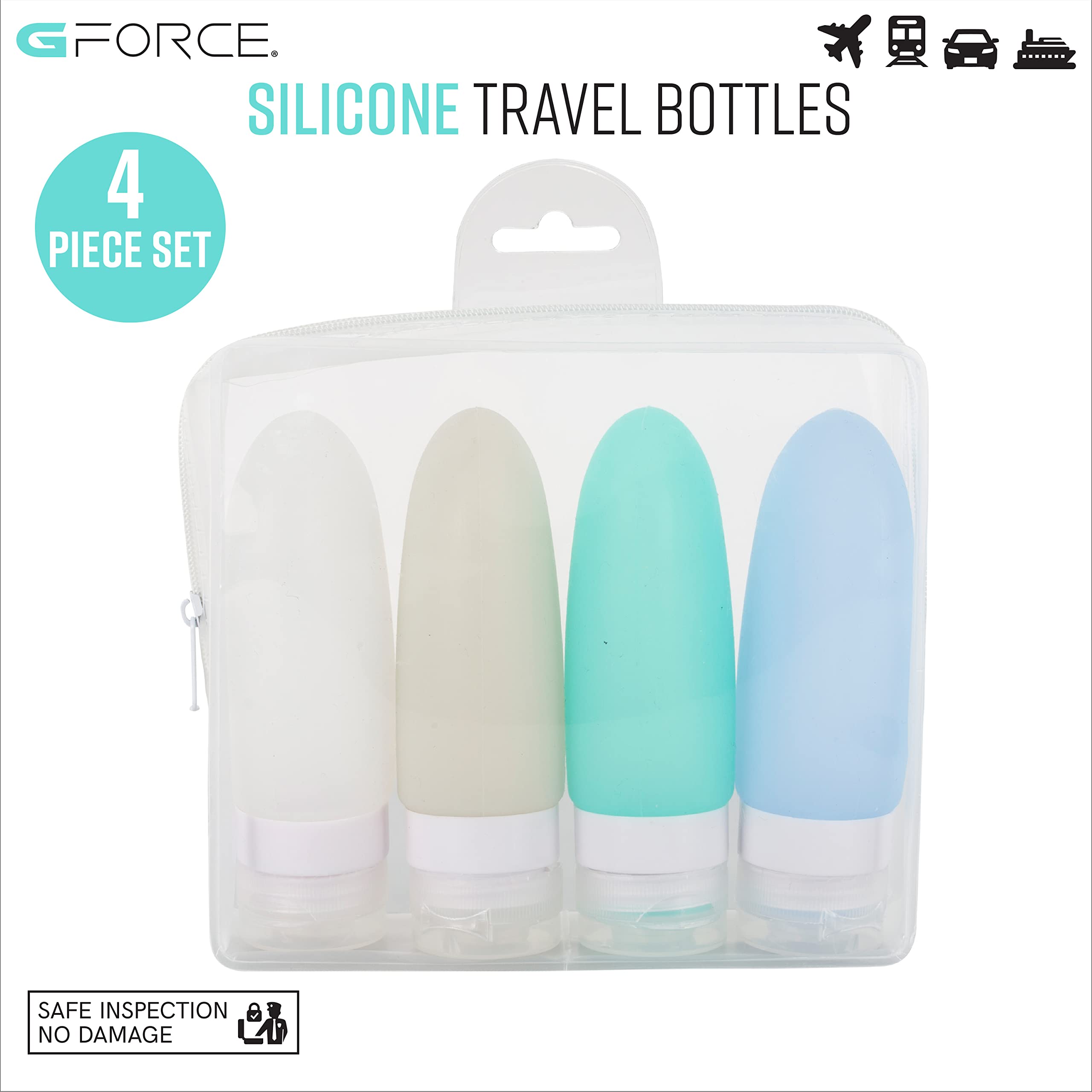 GForce Travel 4 Piece Silicone Bottle and Pouch Set - TSA Approved Leak-Proof Toiletry Organizer for Liquids, Shampoo & Cosmetics | Perfect for Air Travel, Gym & Vacation Packing