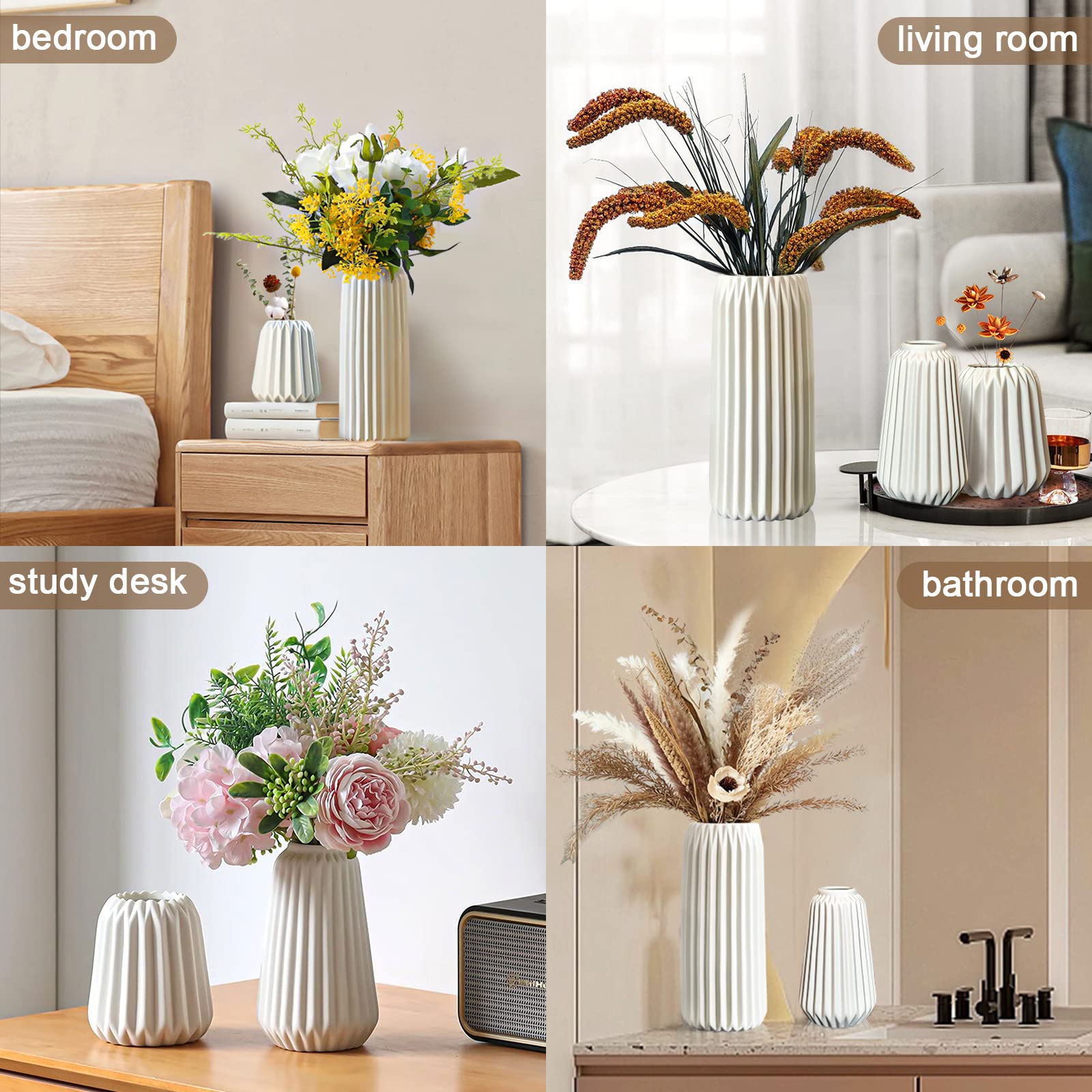 White Ceramic Vases Set of 3 - Modern Home Decor Flower Vases for Aesthetic Room, Boho Wedding Centerpiece | Perfect for Dining Table, Office Desk, Party Decor & Living Room Arrangements