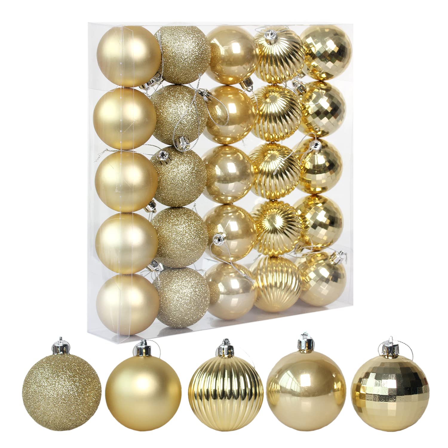 25 Christmas Ball Ornaments Set - 2.36 Inch (60mm) Golden Hanging Balls for Tree Decorations, Holiday Party & Home Decor - 5 Unique Styles - Perfect for Christmas Tree Decorating, Gift Wrapping & Festive Celebrations