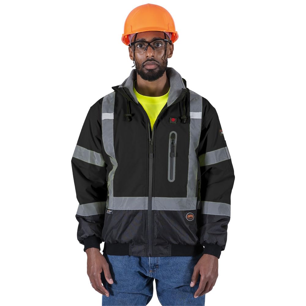 Pioneer Hi-Vis Waterproof Heated Safety Bomber Jacket for Men - Class 1 Winter Rain Gear with Reflective Tape & Detachable Hood - Ideal for Construction, Road Work & Outdoor Winter Activities