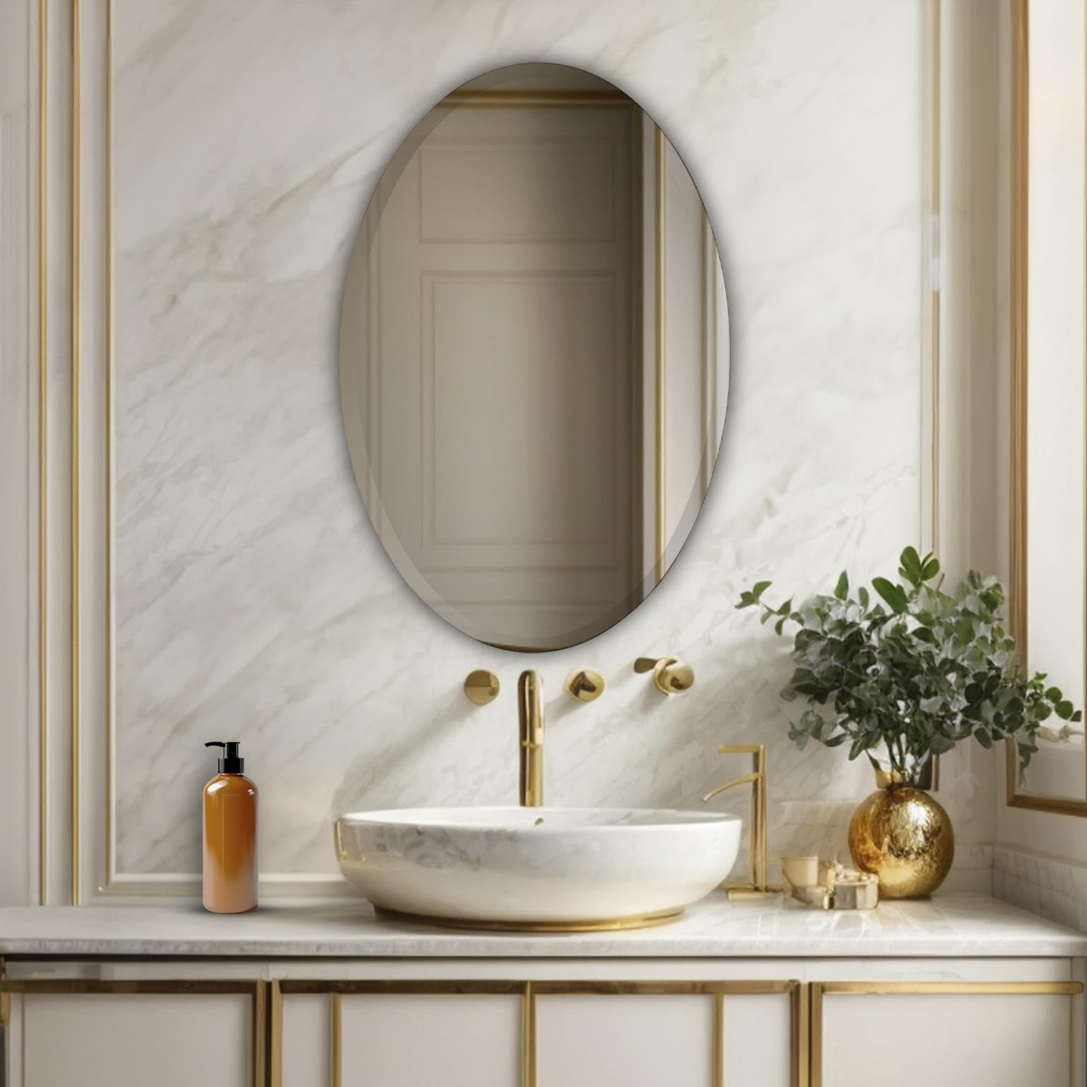 Howard Elliott Frameless Silver Oval Wall Mirror - Elegant Beveled Edge Modern Bathroom Vanity Mirror for Entryway & Bedroom Decor (24x36 Inches) - Perfect for Makeup, Home Decor & Space Illusion