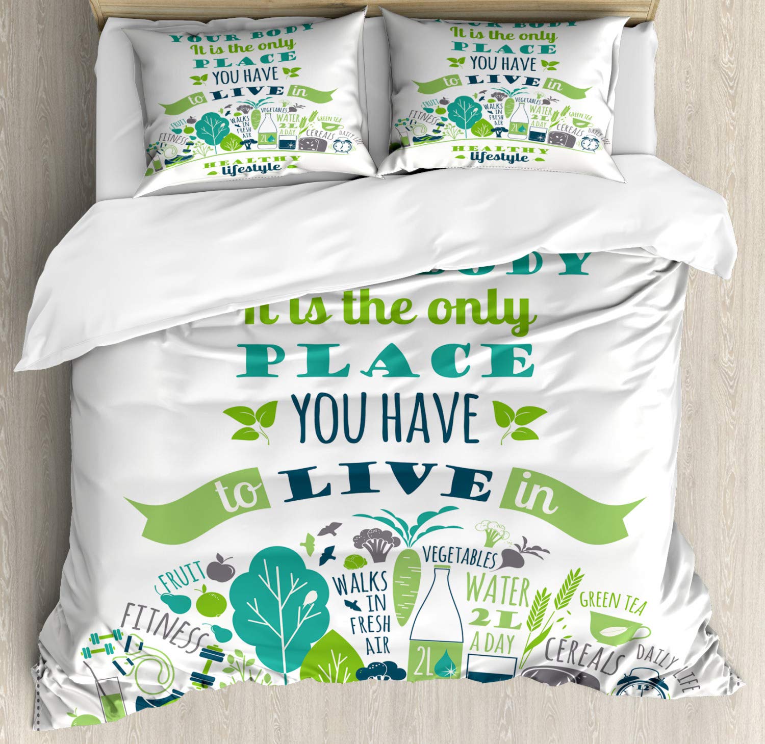 Ambesonne Fitness Duvet Cover Set 3-Piece - Motivational 'Body is The Only Place You Have to Live' Quote - California King Size Bedding with 2 Pillow Shams - Vibrant Multicolor Design for Active Lifestyle - Perfect for Gym Enthusiasts & Home Workout Spaces