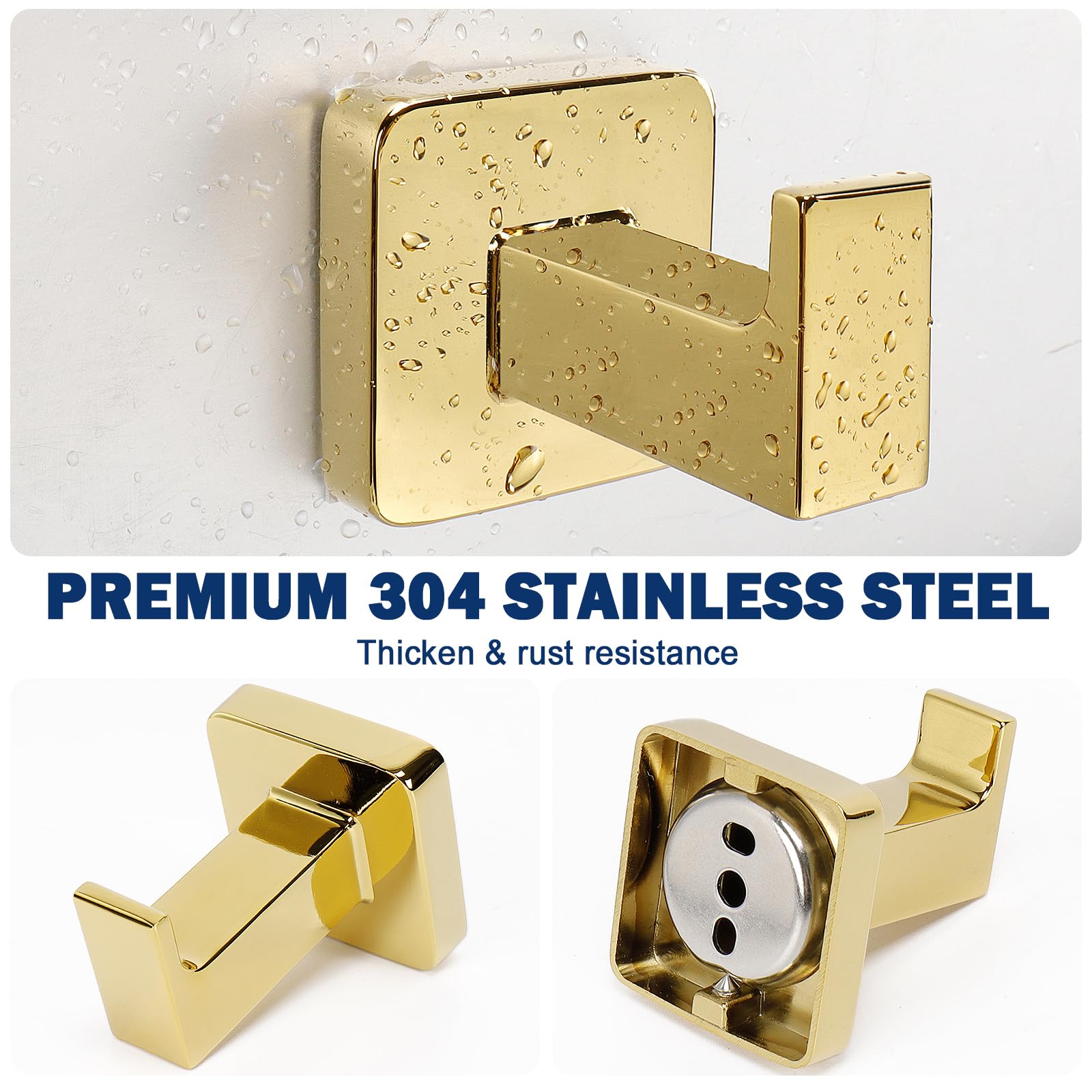 NearMoon Heavy Duty SUS304 Stainless Steel Square Bath Towel Hooks (3 Pack, Chrome Gold) - Wall Mounted Robe & Coat Hangers for Bathroom, Living Room, Hotel, Kitchen & Garage - Perfect for Organizing Towels, Robes and Outerwear in Any Space