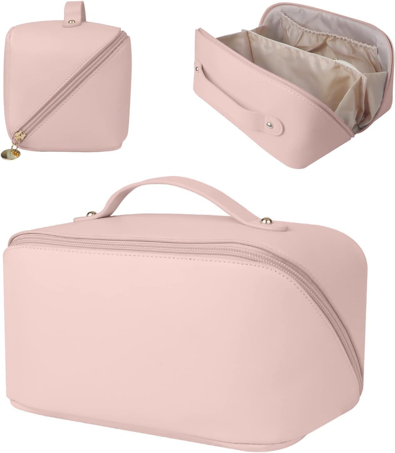 Large Capacity Leather Cosmetic Travel Bag for Women - Portable Makeup Organizer with Handle & Divider, Wide Opening Makeup Storage Bag (Pink) | Perfect for Travel, Gym, and Daily Makeup Organization
