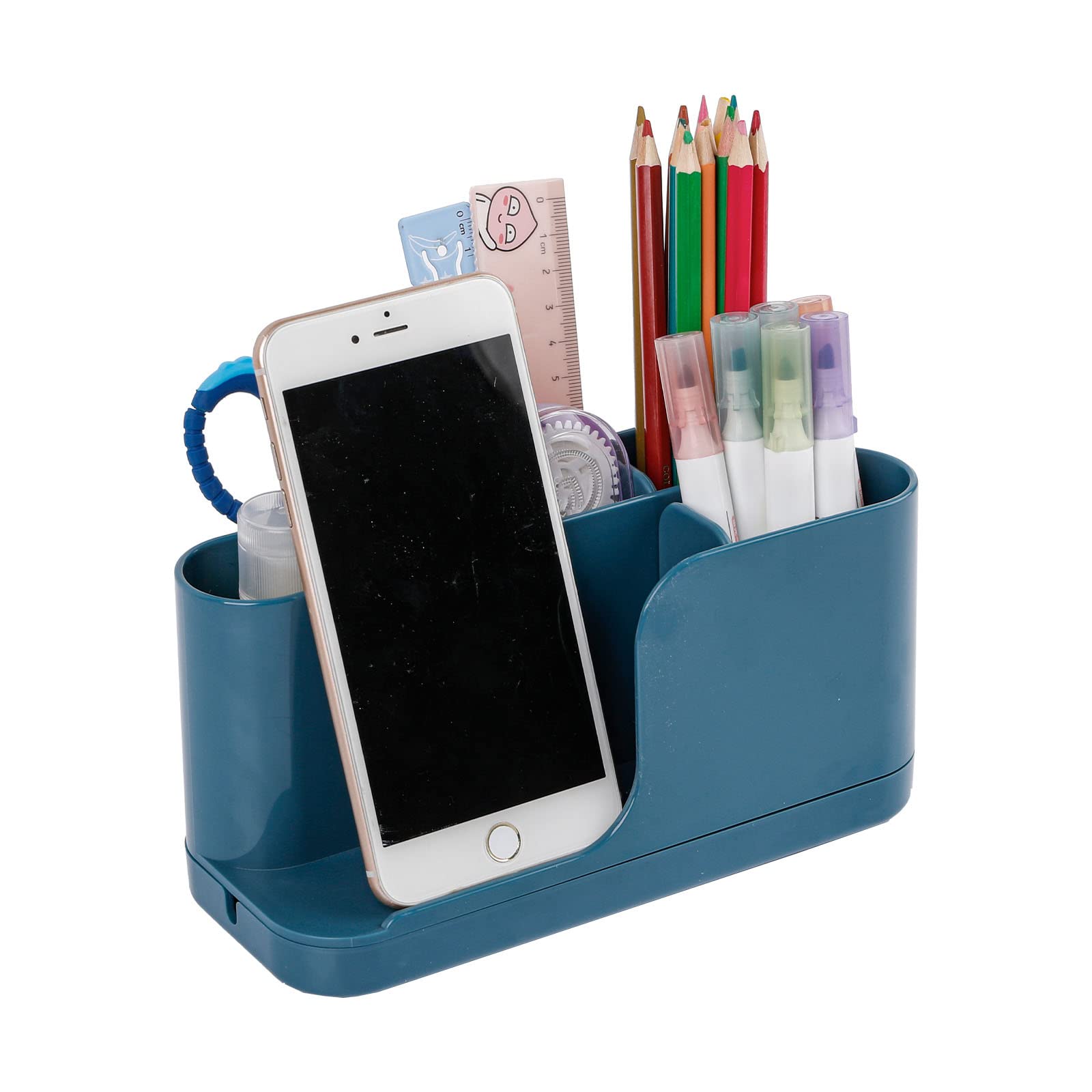 Yesesion Multifunctional Pencil Holder with Phone Stand - Desk Organizer for Office Supplies, Pens, Markers, School Stationery - Blue Desktop Storage Tray (Perfect for Home Office, Classroom & Workspace Organization)