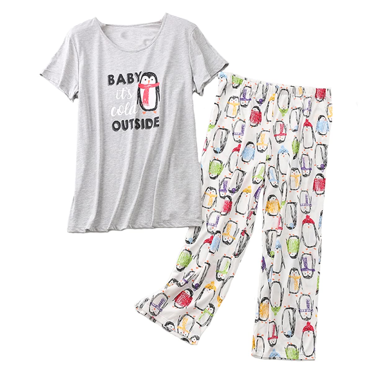 Inadays Women's Cotton Pajama Sets - Short Sleeve Top & Capri Pants 2-Piece Lounge Wear for Summer, Sleep & Relaxation at Home