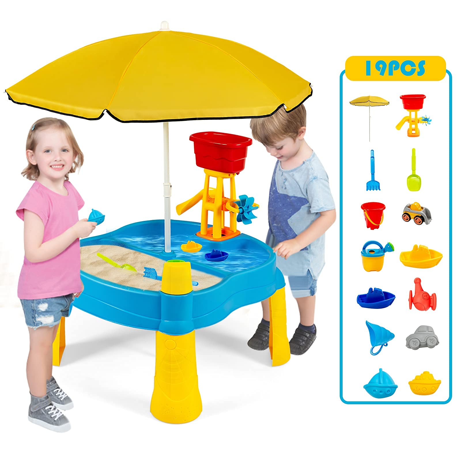 Costzon 2-in-1 Kids Sand and Water Table with 18 Accessories & Umbrella - Outdoor/Indoor Sensory Play Table for Toddlers, Perfect Summer Beach Activity Toy for Backyard, Park & Preschool Learning
