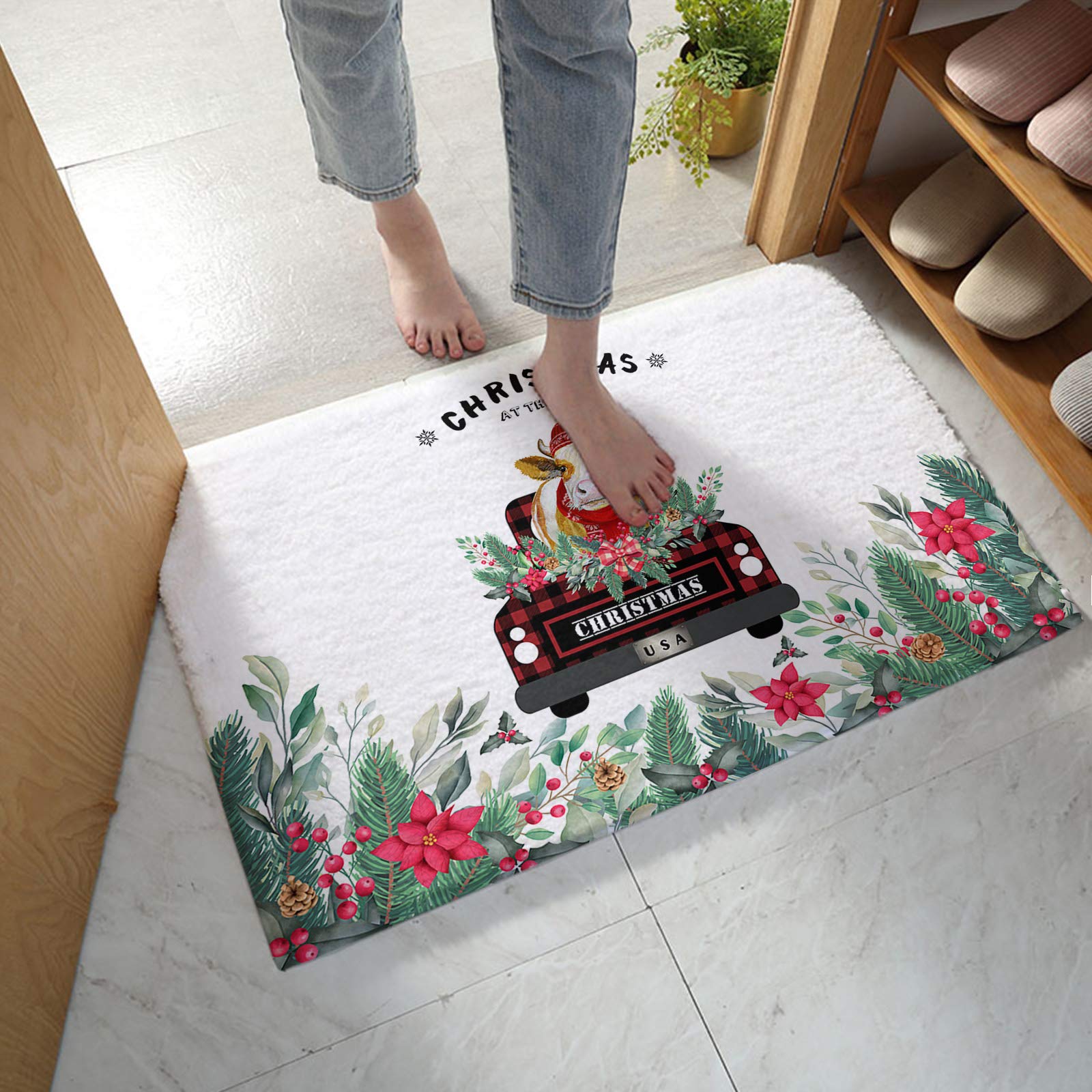 Fluffy Non-Slip Shaggy Doormat - Soft Plush Bath Rug with Christmas Farm Truck & Red Plaid Design, Cozy Cow with Red Hat Scarf Berries Pattern - Perfect for Bathroom, Bedroom, Kitchen & Indoor Entrance Decor (White Shag Carpet)