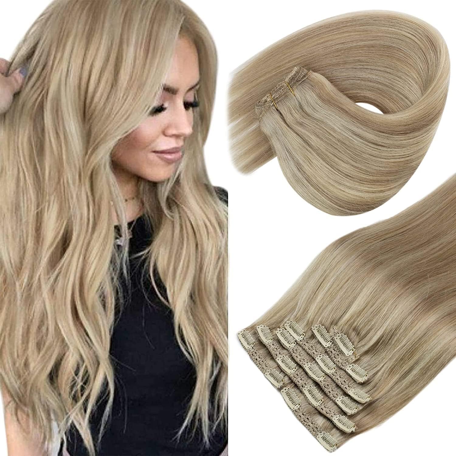 2 Pack Clip in Hair Extensions & Invisible Wire Hair Extensions - Ash Blonde & Golden Blonde Highlights - 14 Inch 170g - Perfect for Daily Styling, Parties & Special Occasions