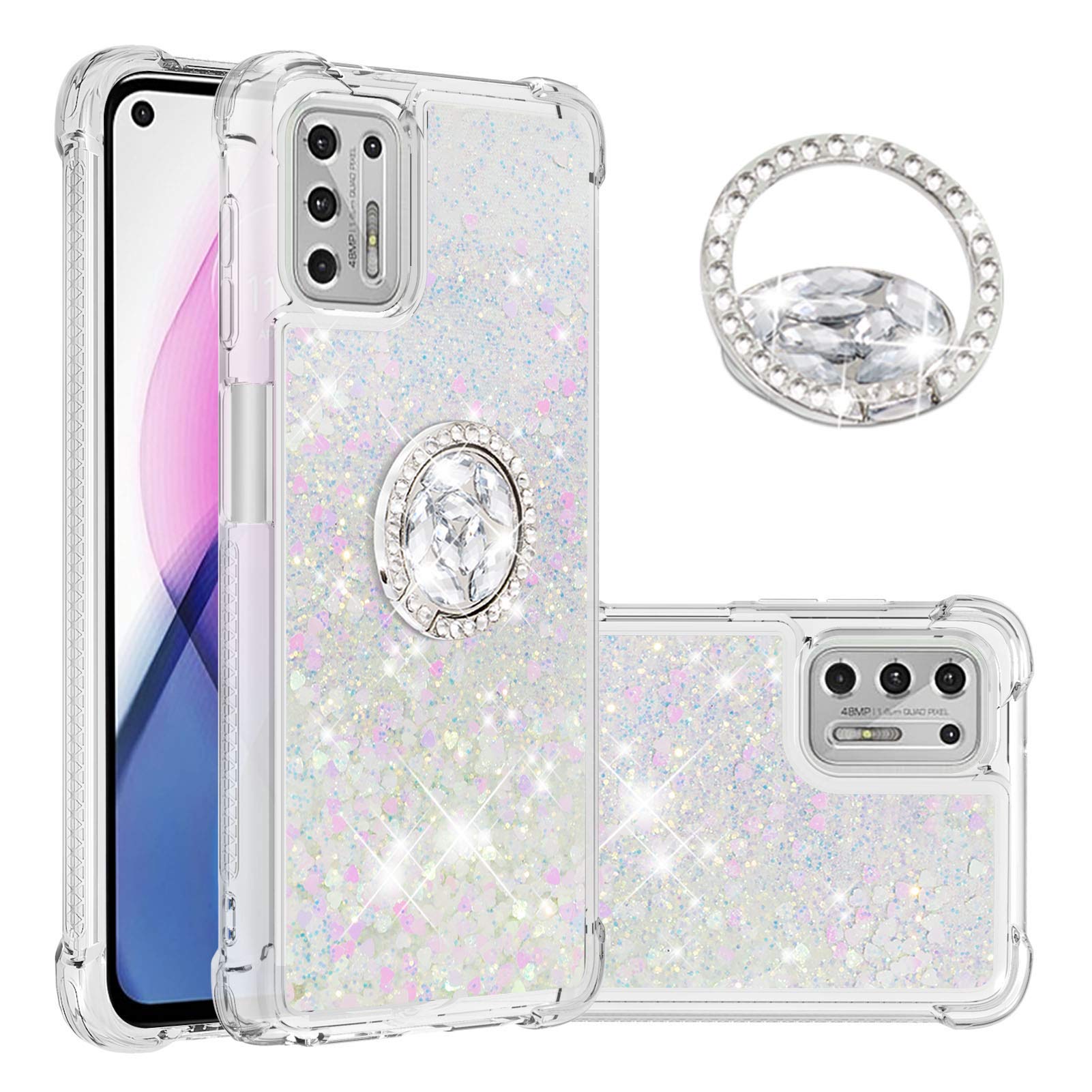 Sparkly Clear Glitter Phone Case for Motorola G Stylus 2021 - Liquid Quicksand Bling Cover with Diamond Ring Holder & Rugged Protection | Stylish Protective Case for Women Girls | Perfect for Daily Use, Work & Parties