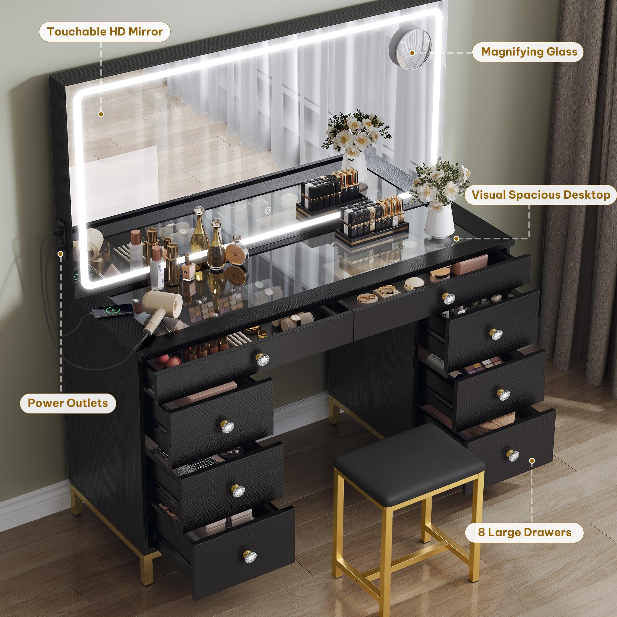 DWVO Vanity Desk with LED Lighted Mirror, Power Outlet & Magnifying Glass - 8 Drawer Makeup Dressing Table with 3 Color Modes (Black) for Bedroom, Dressing Room & Home Salon | Perfect for Makeup Application, Skincare Routine & Hair Styling