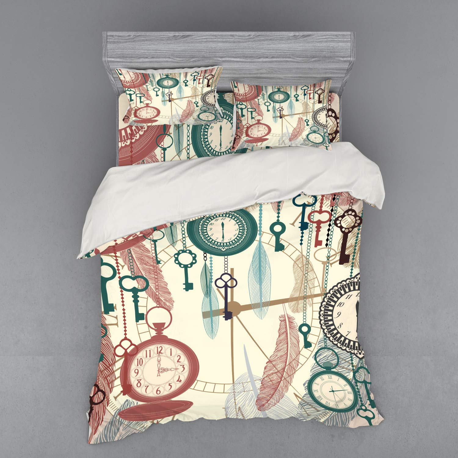 Ambesonne Antique Pocket Watch Bedding Set - 4 Piece Queen Size Duvet Cover with Shams & Fitted Sheet - Vintage Timepiece & Feather Design - Perfect for Vintage Themed Bedrooms & Steampunk Decor