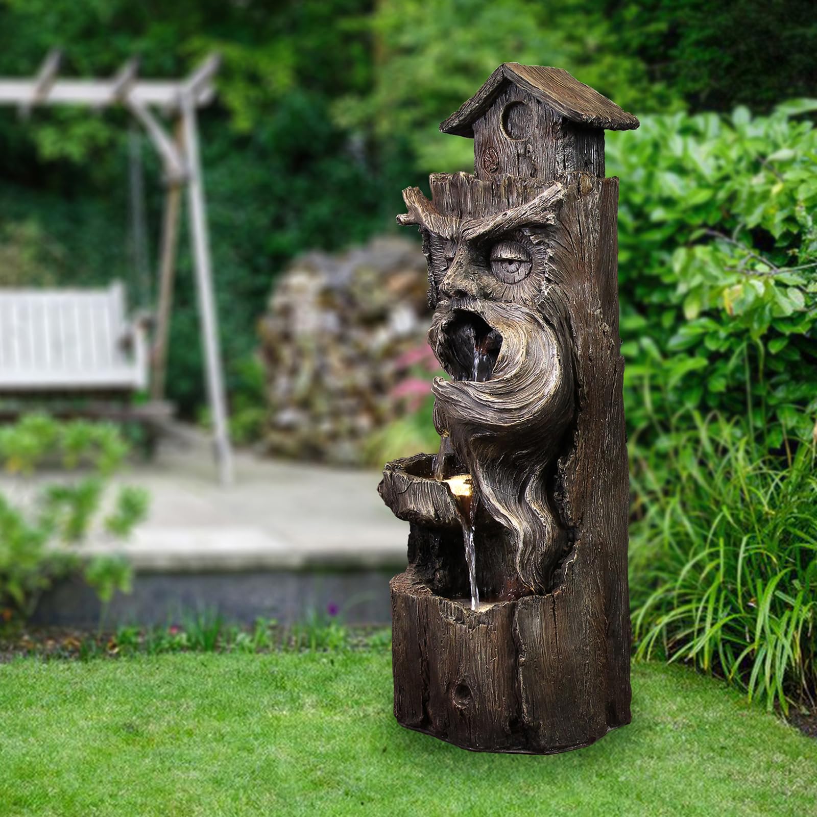 YZM 3-Tier Outdoor Waterfall Fountain with LED Lights - 33.46 Inch Tall Tree Trunk Design for Patio, Porch, Backyard & Garden Decor | Relaxing Water Feature with Pump for Zen Atmosphere, Meditation Spaces & Landscape Enhancement