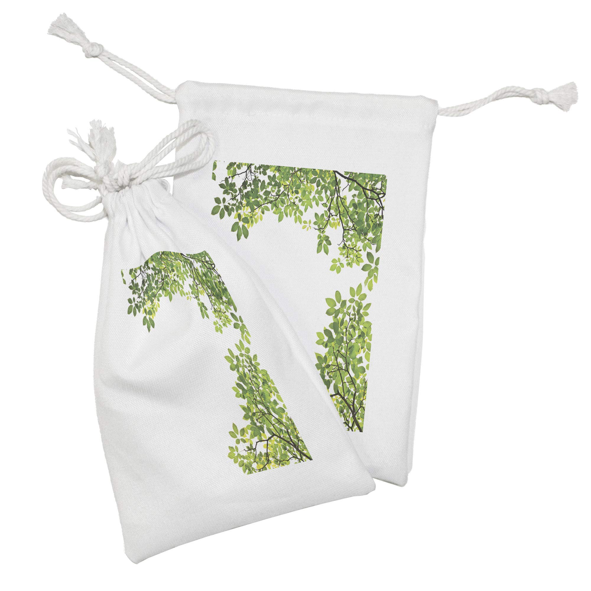 Ambesonne 2-Pack Fabric Drawstring Pouch Set - White & Green Leaf Print (9