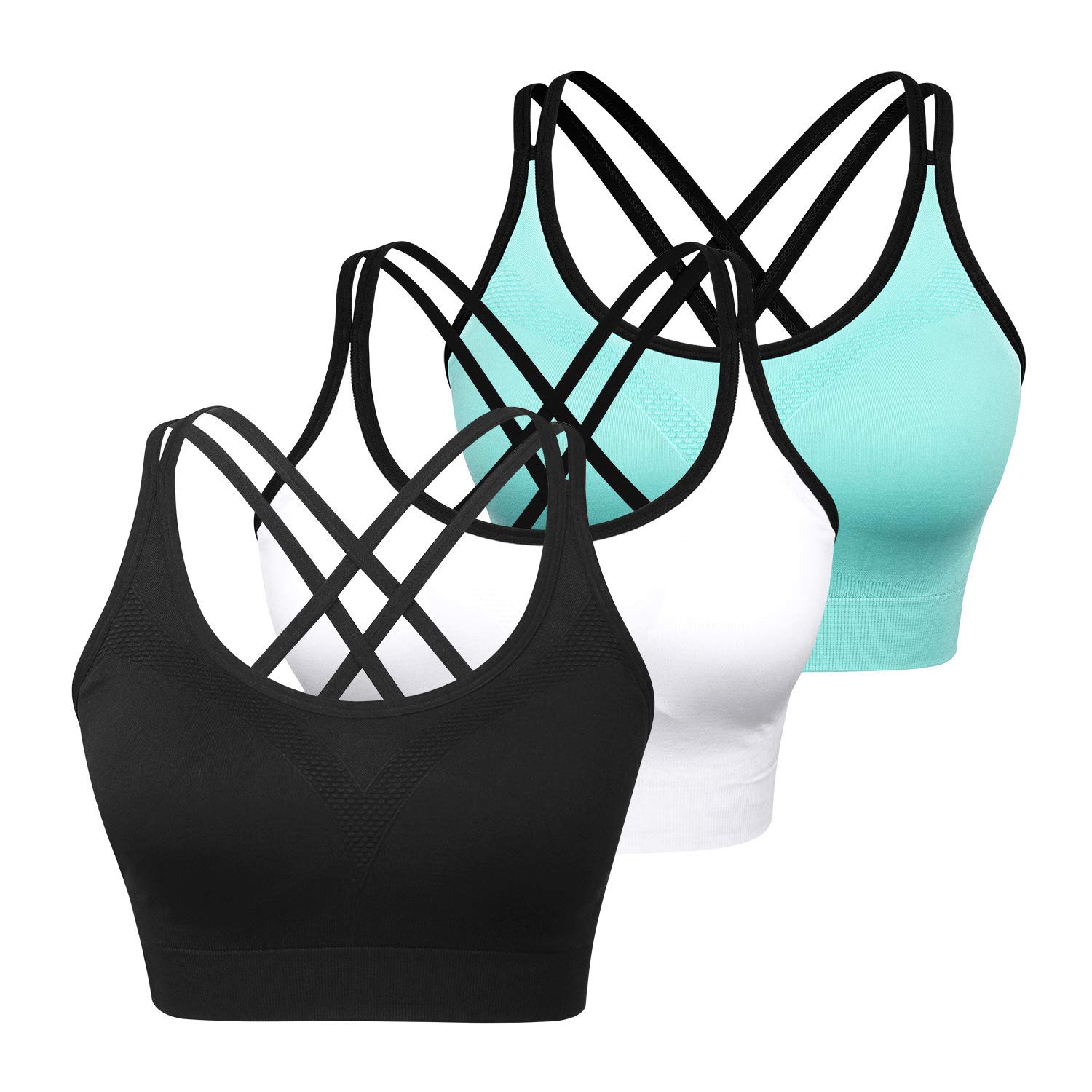 WOYYHO Women's Cross Back Sports Bra - Padded Strappy Yoga Bra with Medium Support for Workout, Gym & Fitness - 3 Pack - Perfect for Running, Yoga, Pilates & High-Intensity Training