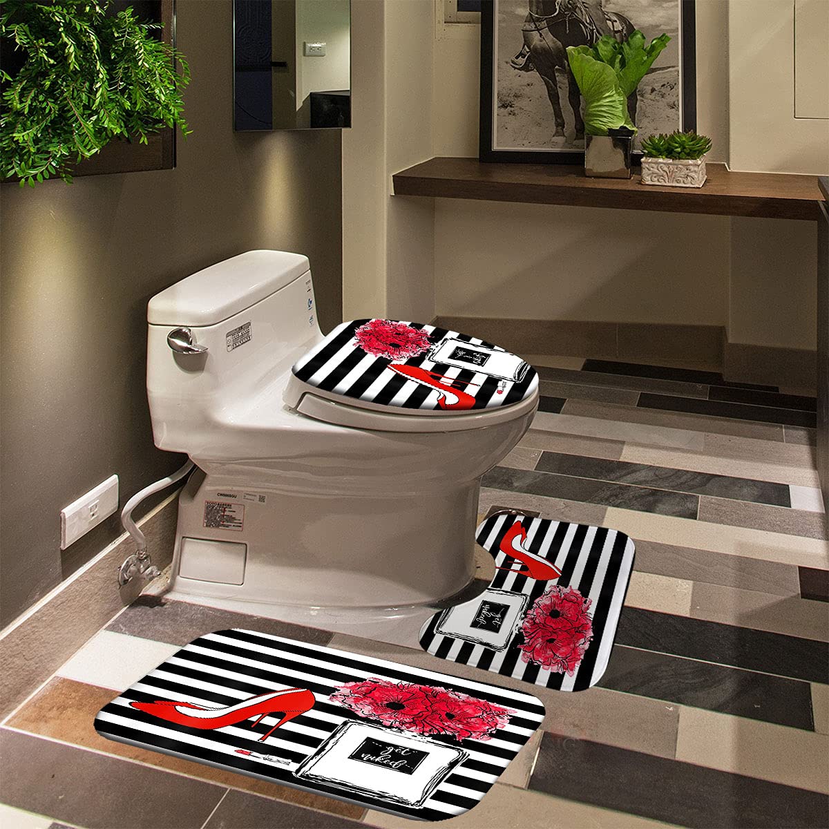 4PCS Red High Heels Perfume Bottle Shower Curtain Set with Non-Slip Bath Mat - Black White Striped Floral Bathroom Decor for Women & Teens - Modern Lipstick Makeup Theme for Shower, Bathroom & Vanity Areas