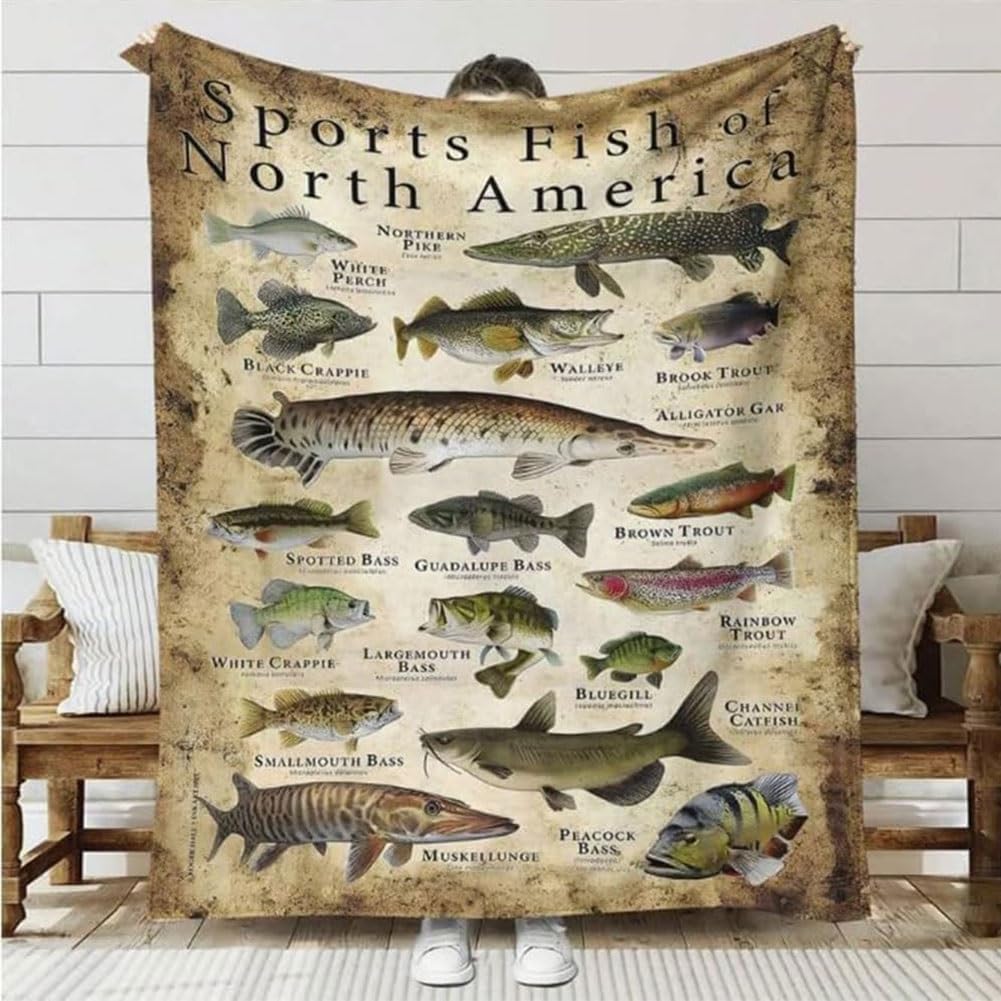 Soft & Comfortable Fish Themed Flannel Throw Blanket 60x80 Inches - Perfect Gift for Fishing Enthusiasts, Men & Grandpa - Features North American Sport Fish Design - Ideal for Cozy Nights, Camping Trips & Fishing Cabin Decor