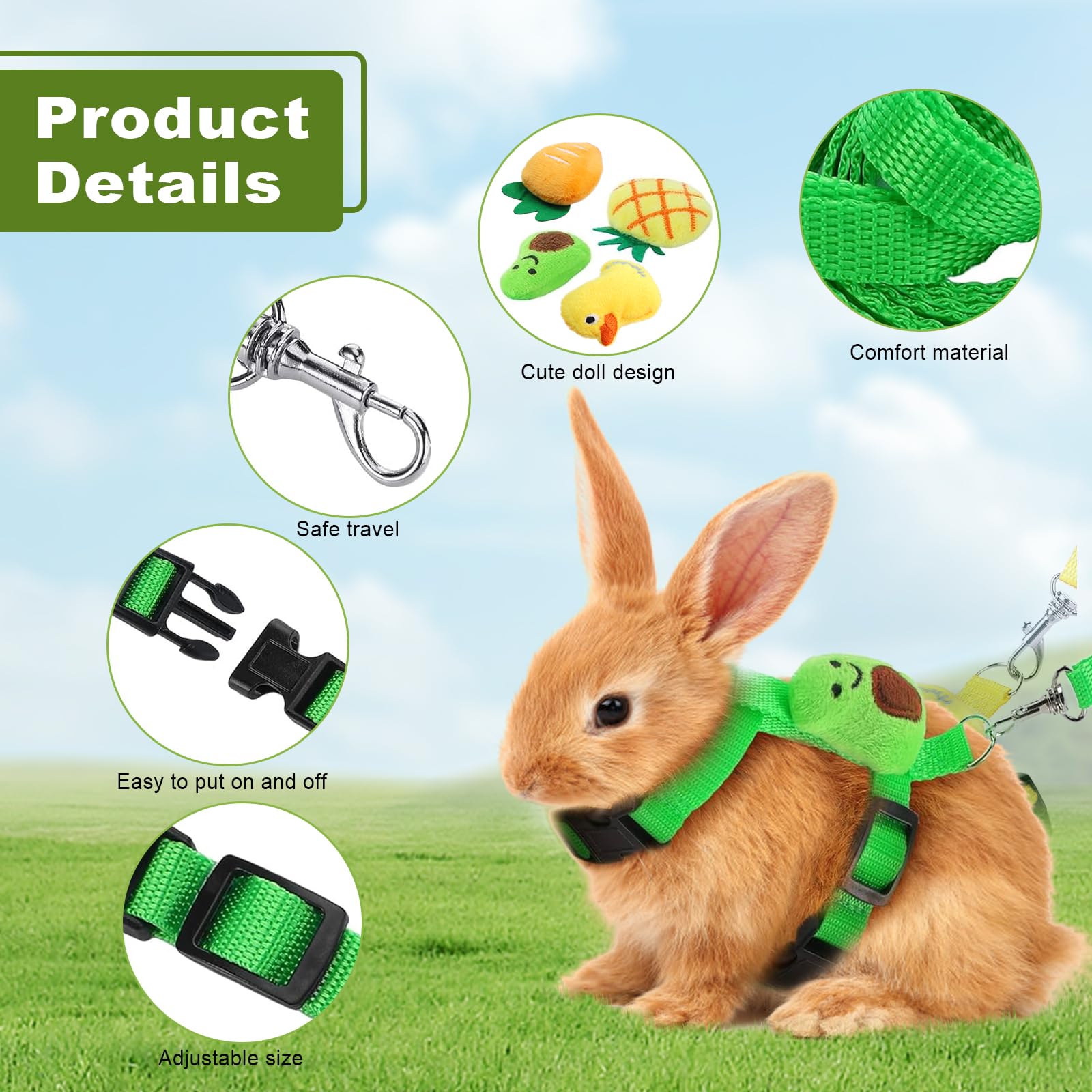 4 Sets Adjustable Rabbit Harness and Leash Set - Small Pet Safety Vest with Leash for Bunny, Cat, Dog, Kitten, Ferret - Includes 4 Decorative Fruit Bow Ties - Perfect for Walks, Training, and Pet Fashion Outfits