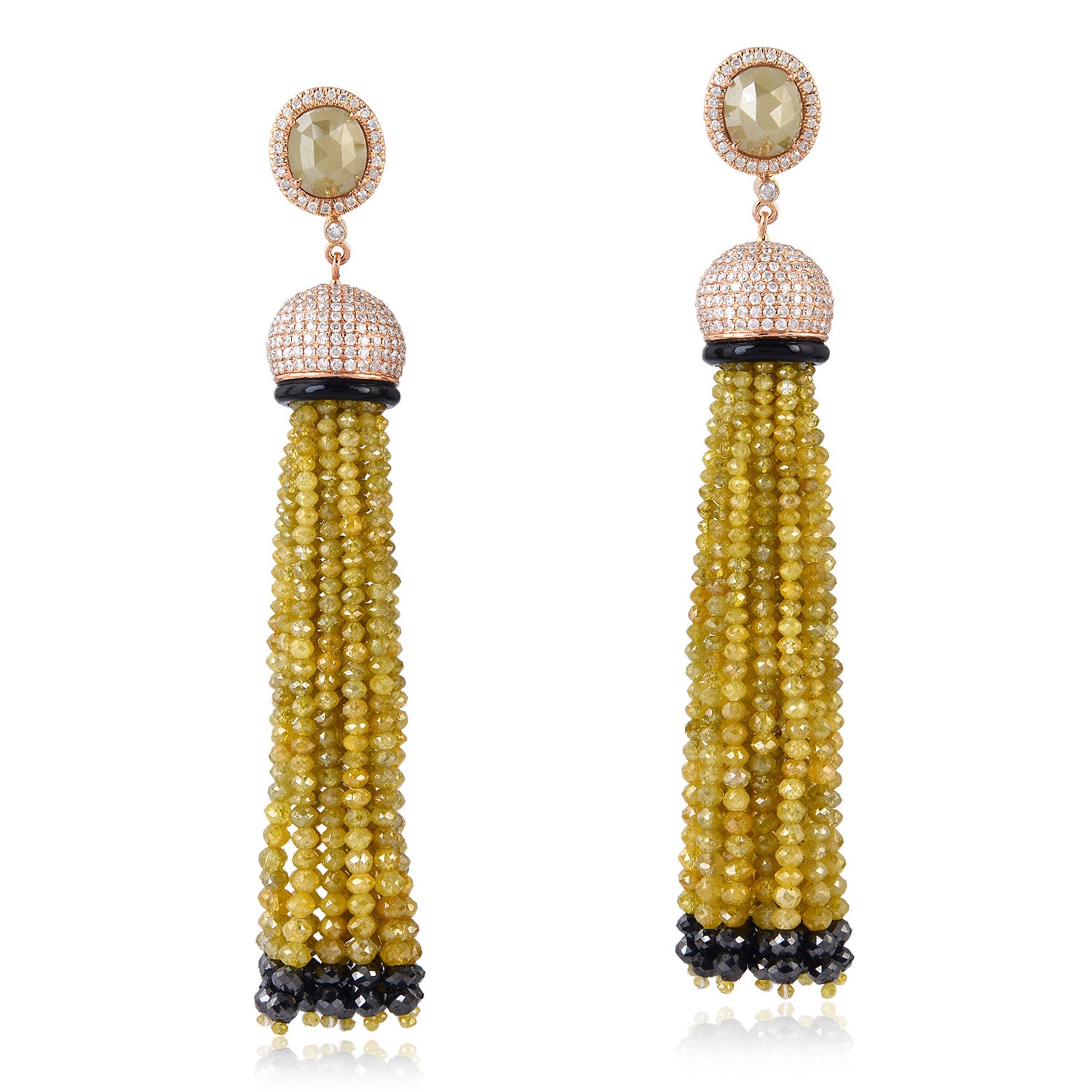 18k Rose Gold Onyx Beaded Ice Diamond Designer Tassel Earrings - Elegant Dangle Earrings for Women, Perfect for Parties, Weddings & Special Occasions