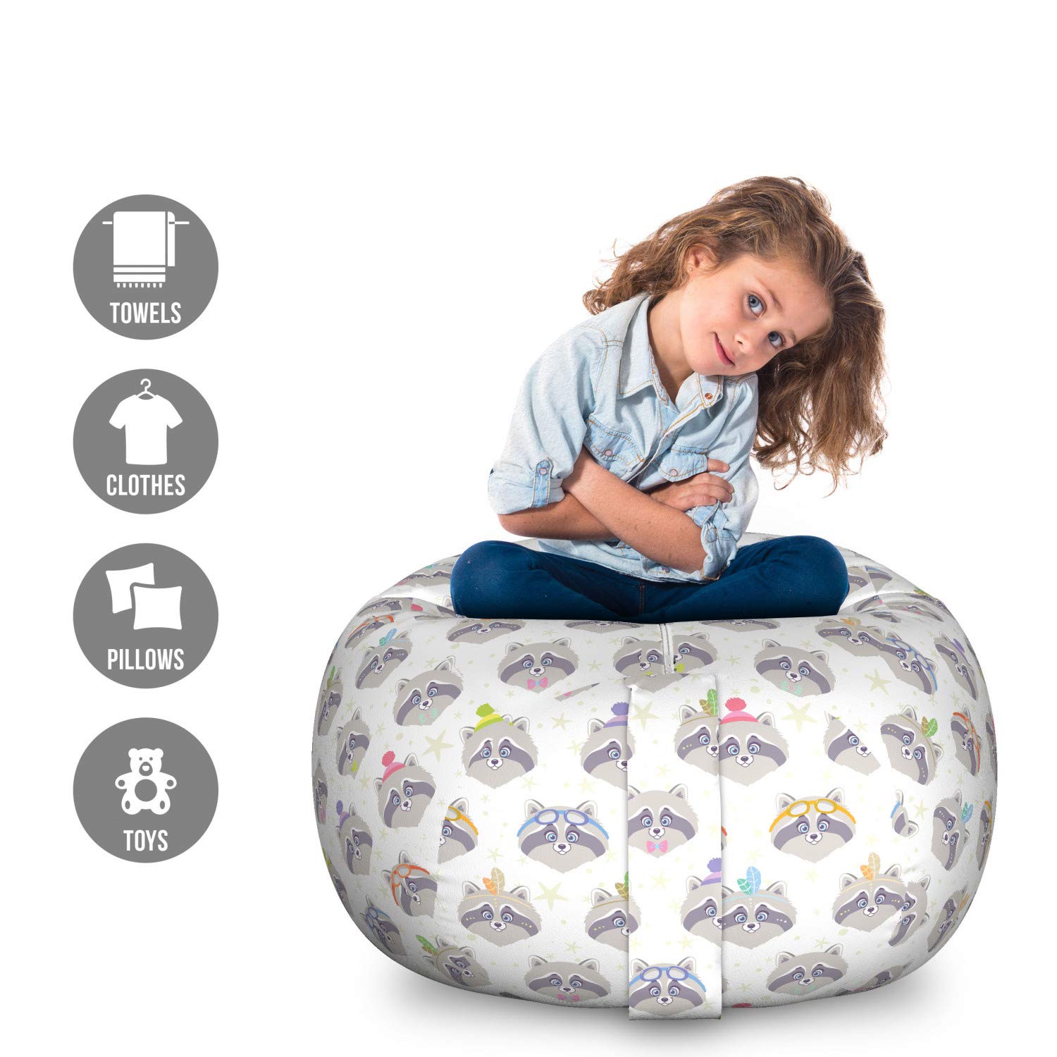 Ambesonne Cartoon Toy Storage Bag Chair - Funny Raccoon Design with Glasses, Feathers & Bowties - Large Washable Stuffed Animal Organizer for Kids Room, Playroom & Nursery - Multicolor