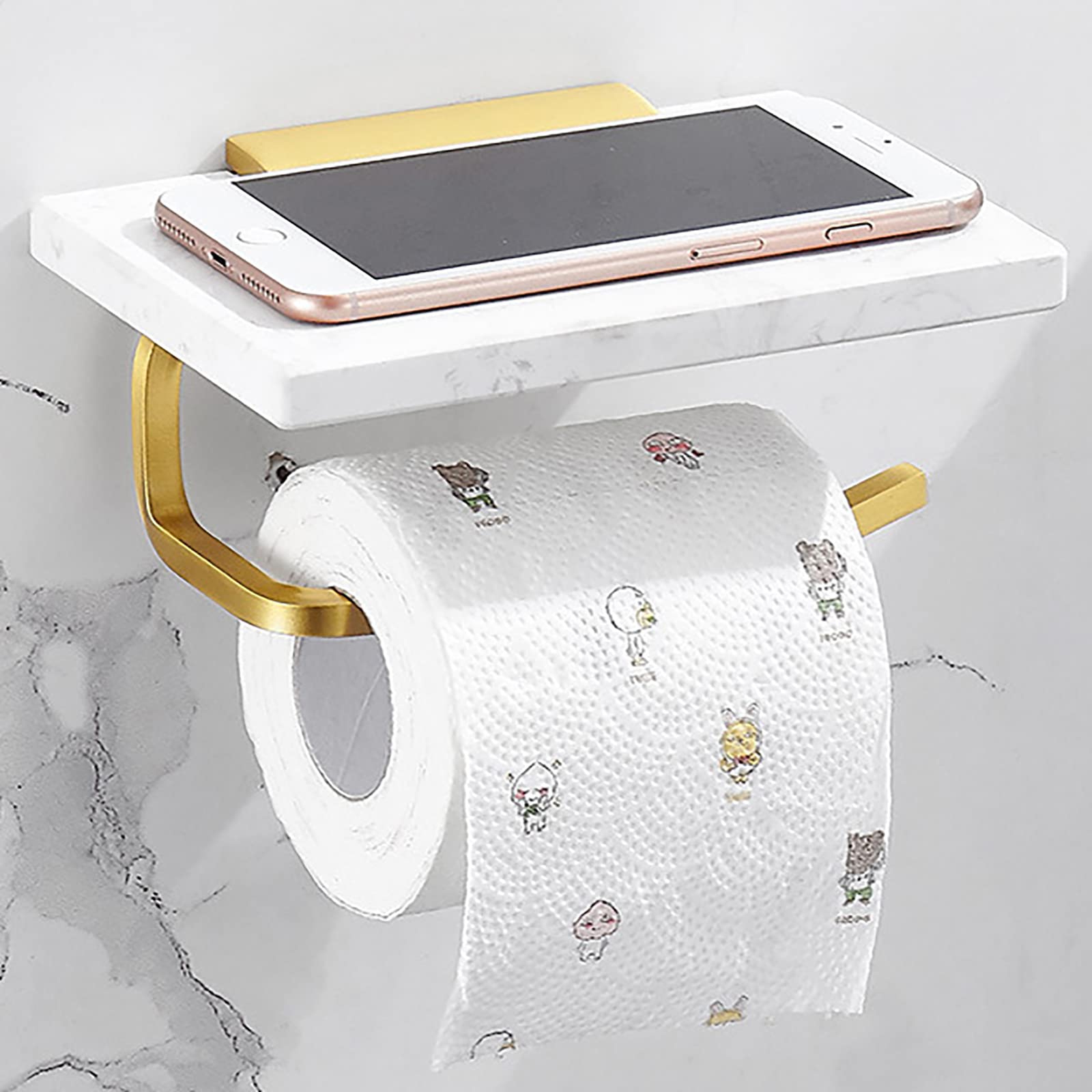Marble Space Aluminum Toilet Paper Holder with Phone Shelf - Wall Mounted Bathroom Paper Towel Roll Holder for Home & Hotel Use - Durable & Stylish Storage Solution for Toilets, Powder Rooms and Guest Bathrooms