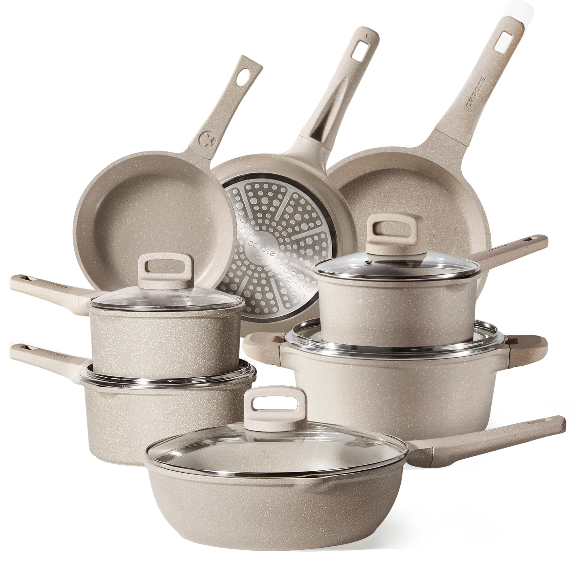 CAROTE 13-Piece Nonstick Cookware Set - Taupe Kitchen Pots & Pans with Induction Compatibility | Large Capacity Frying Pans & Essential Cookware for Home Cooking, Meal Prep & Family Dinners