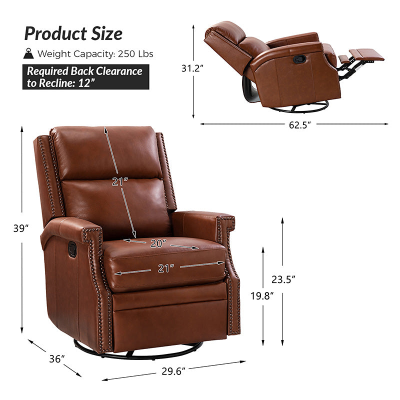 Canace Modern Genuine Leather Manual Glider Rocker Recliner Chair - Comfortable Swivel Lounge Chair for Living Room, Nursery, and Office Relaxation