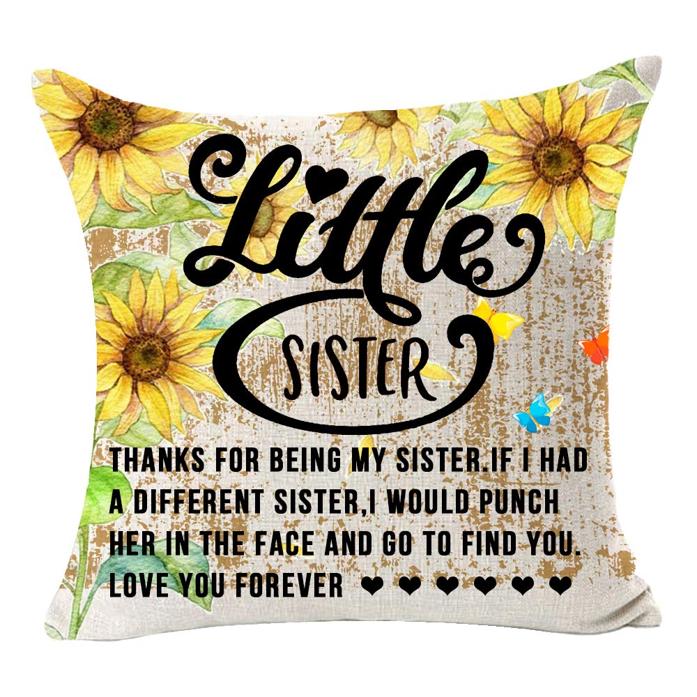 18x18 Inch Light Yellow Cotton Linen Square Throw Pillow Cover - Decorative Couch Cushion for Home & Office - Perfect Sister Gift for Birthday, Thanksgiving or Christmas - 'Thanks for Being My Sister' Heartwarming Design