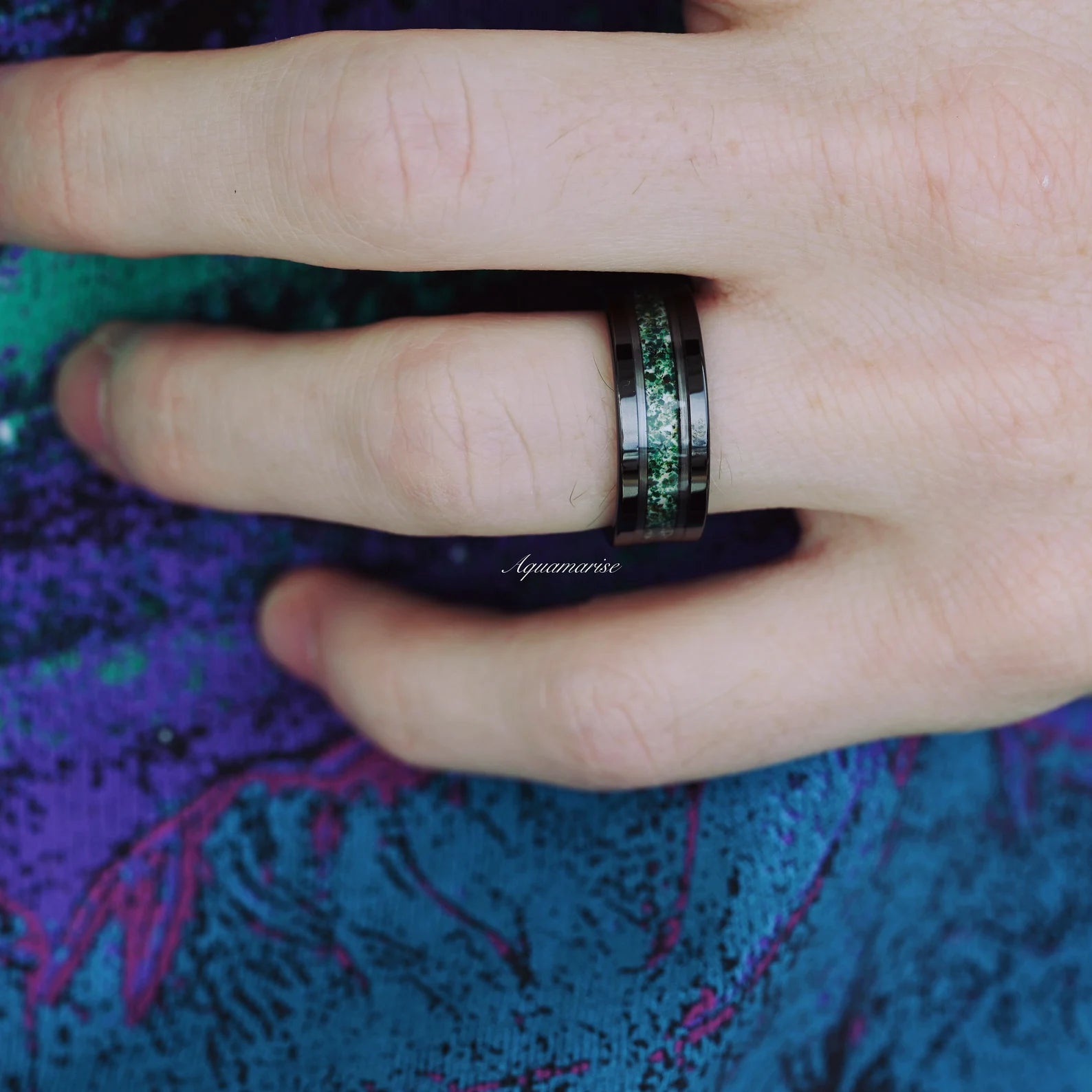 Moss Agate Couples Ring - Natural Stone Wedding Band for Him & Her - Handmade Sterling Silver Matching Rings - Perfect for Anniversaries, Engagements, and Romantic Gifts