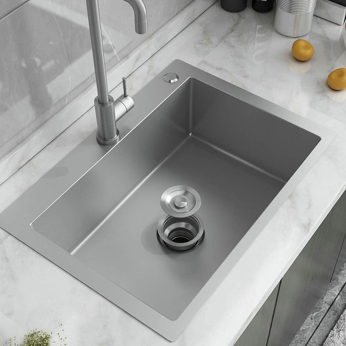 24Inx18In Stainless Steel Kitchen Sink - 12 Gauge Brushed Single Bowl Drop-in/Top-Mount with Faucet & Drain Kit (Model BS29) - Perfect for Small Kitchens, Apartments & RV Remodels
