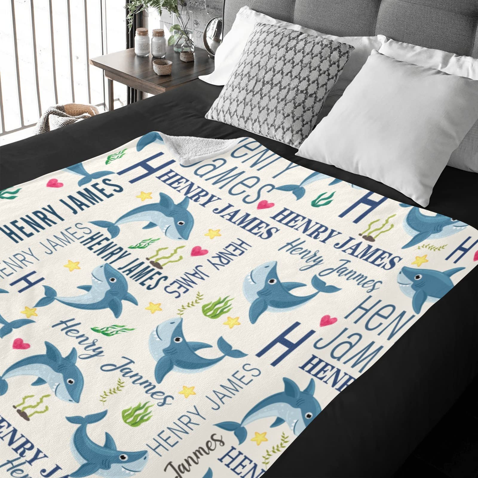 Customized Baby Blankets with Name - Cute Shark Pattern Personalized Sherpa Blanket for Boys & Girls | Unique Baby Shower Gift, Nursery Essential & Cozy Travel Blanket