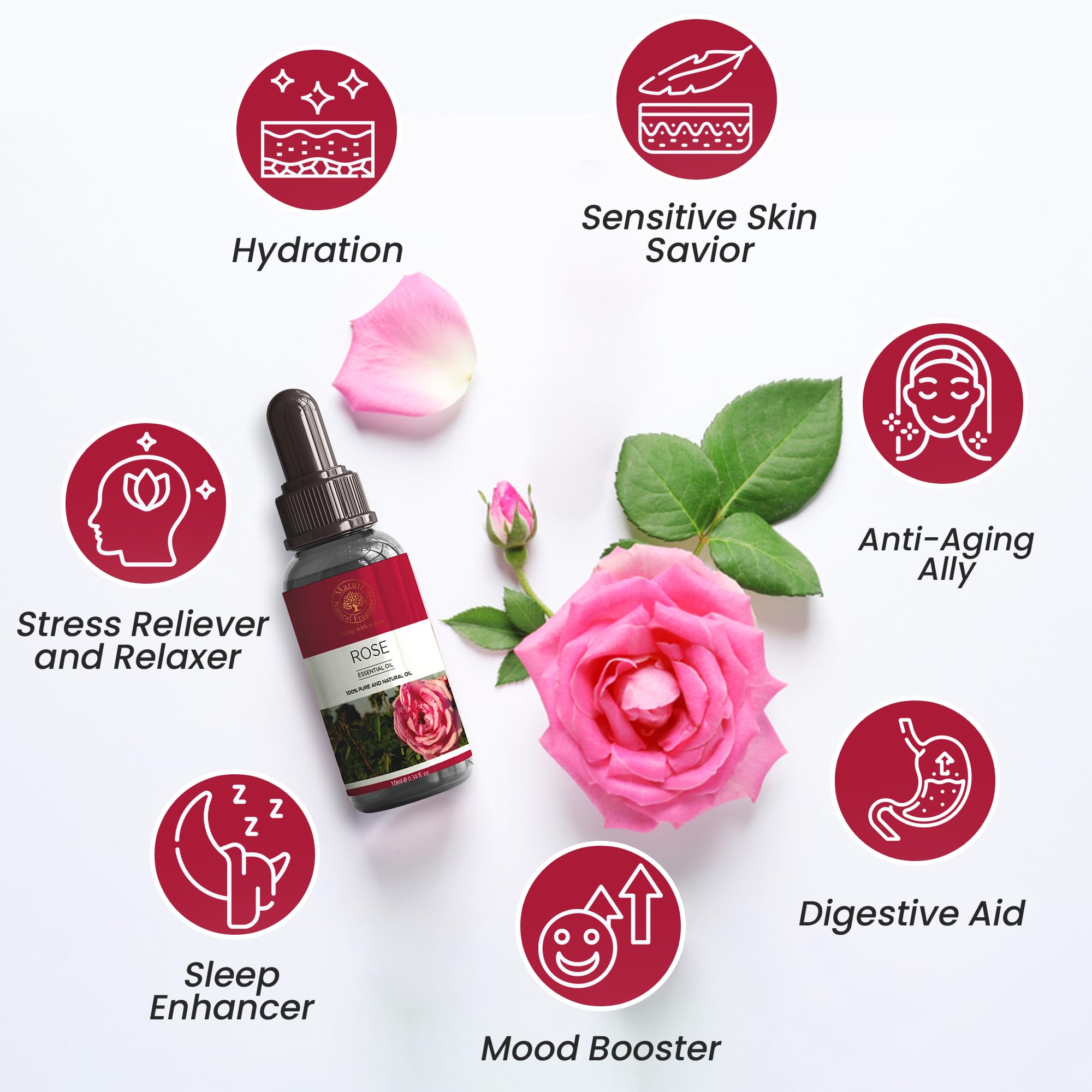 MARUTI 100% Pure Rose Essential Oil (10ml) - Undiluted, Organic, Cruelty-Free for Aromatherapy, Diffusers, Skin & Hair Care | Stress Relief, Mood Booster, Meditation Aid | Natural Fragrance for Home Spa & Wellness