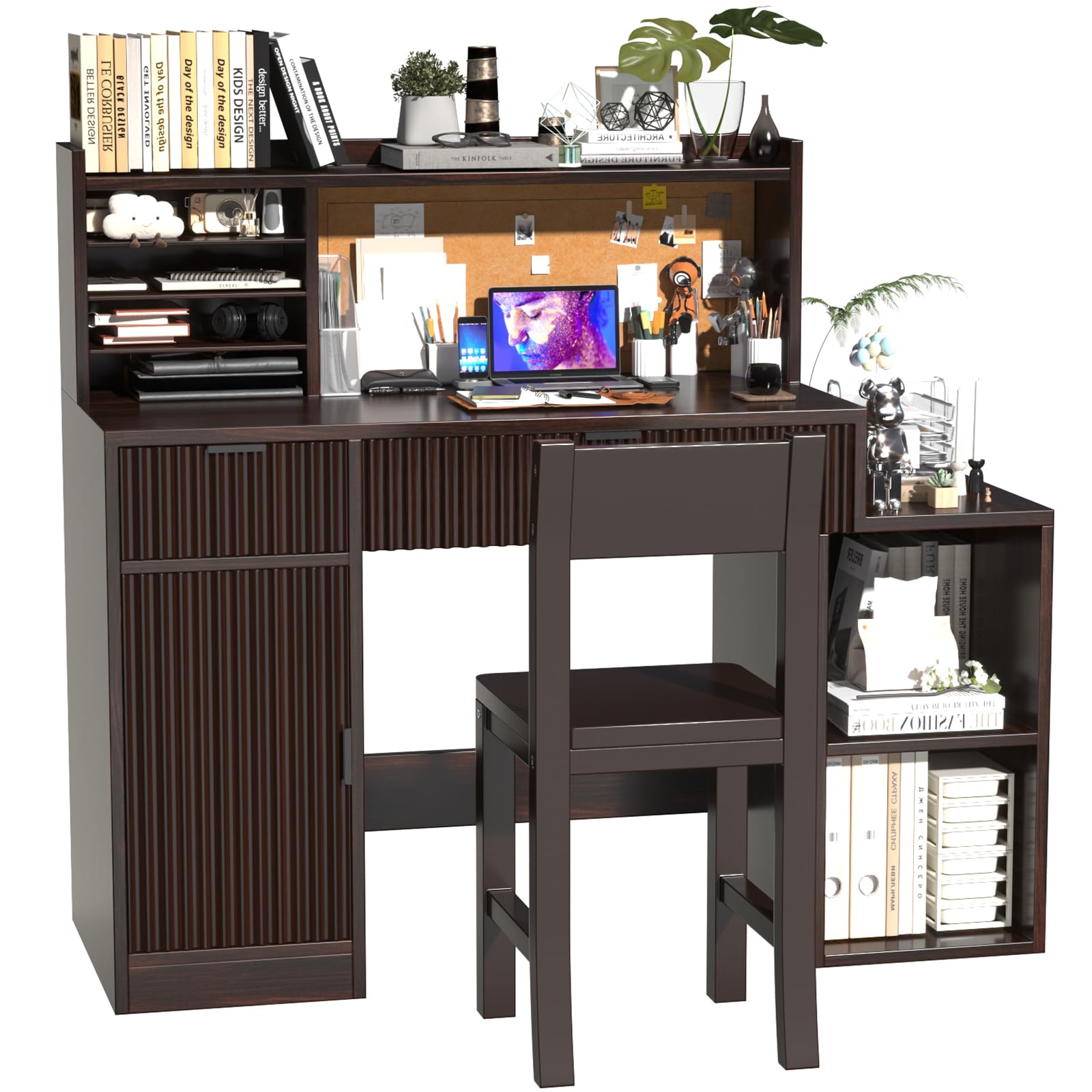 Kids Study Desk and Chair Set for Ages 5-12 - Espresso Wooden Children's Computer Desk with Bulletin Board, Storage Drawers & Cabinets - Perfect for Homework, Online Learning & Small Bedrooms (Model B10)