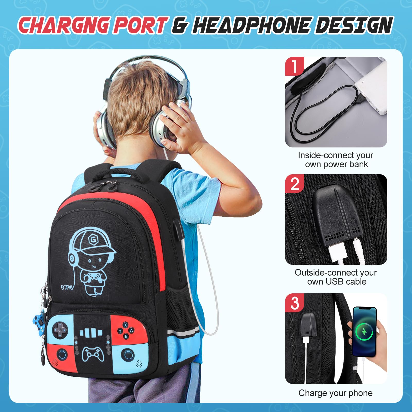 Bevalsa Luminous Gamer Backpack for Boys - Waterproof School Backpack with Lunch Box & Pencil Pouch Set - Perfect for School, Travel, and Gaming Conventions