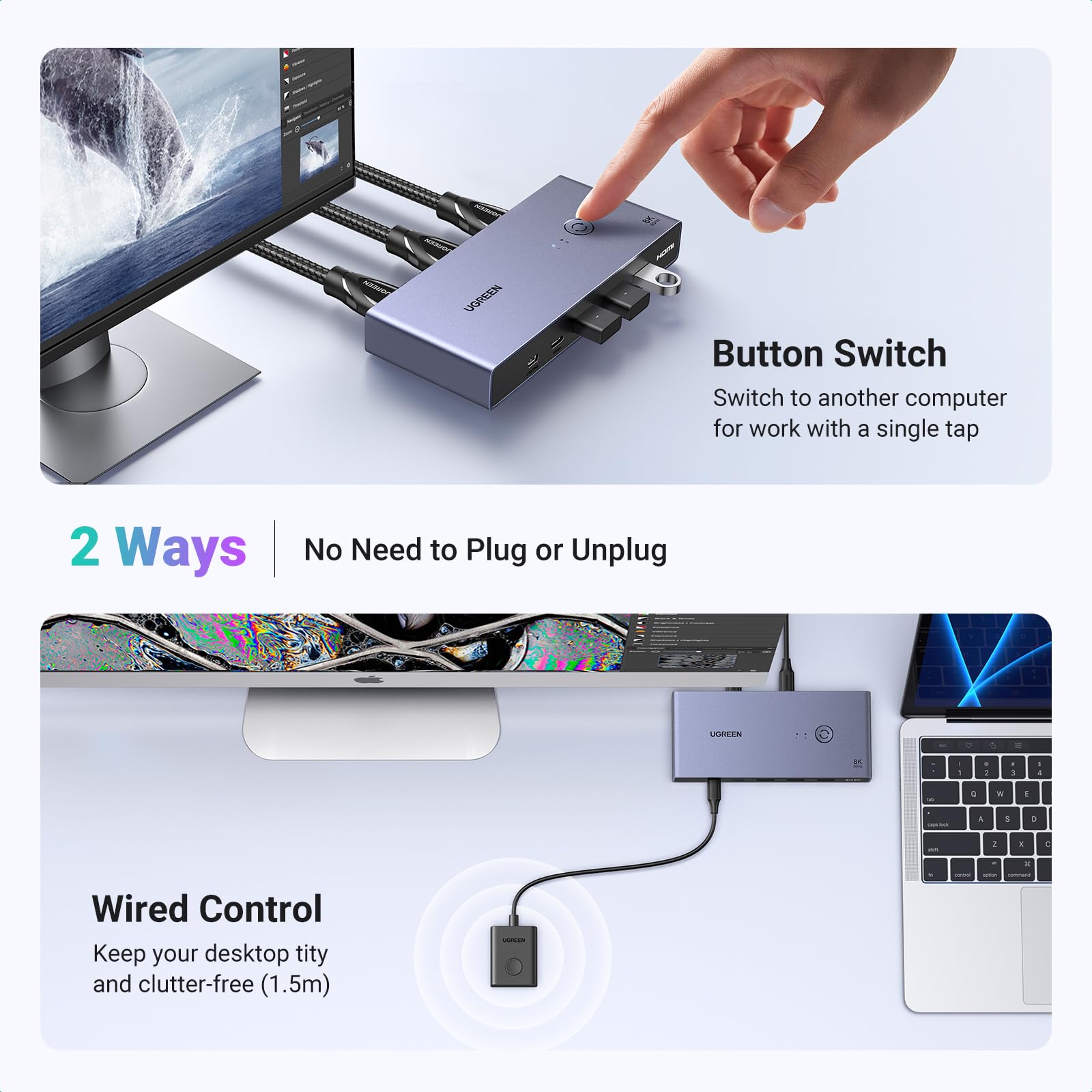 UGREEN 8K HDMI KVM Switch with 4 USB 3.0 Ports (3 USB-A + 1 USB-C) - 2 Computer Sharing for 1 Monitor, Keyboard, Mouse, Hard Drives & Printer - Includes 2 HDMI Cables, 2 USB Cables & Remote Controller - Perfect for Home Office, Gaming Setup & Multi-Device Workspaces
