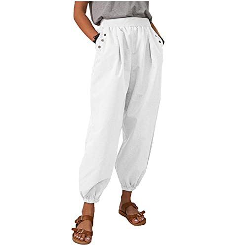 Women's Plus Size Linen Harem Pants with Pockets - XXXL White Casual Loose Fit Trousers for Comfort & Style | Perfect for Yoga, Lounge Wear & Summer Outfits