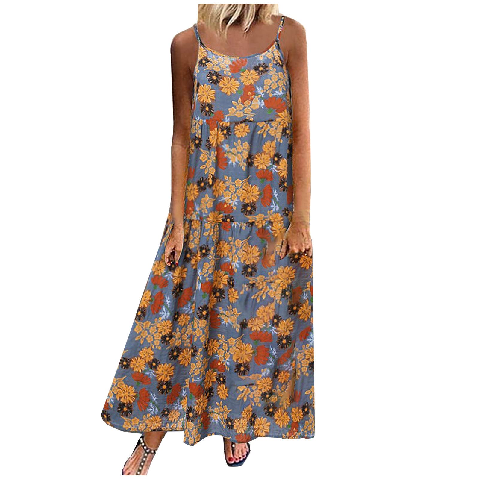 Women's Summer Floral Print Maxi Dress - Sleeveless Round Neck Casual Long Dress with Loose Pleated Swing & Spaghetti Straps | Perfect for Beach Vacations, Date Nights & Summer Parties