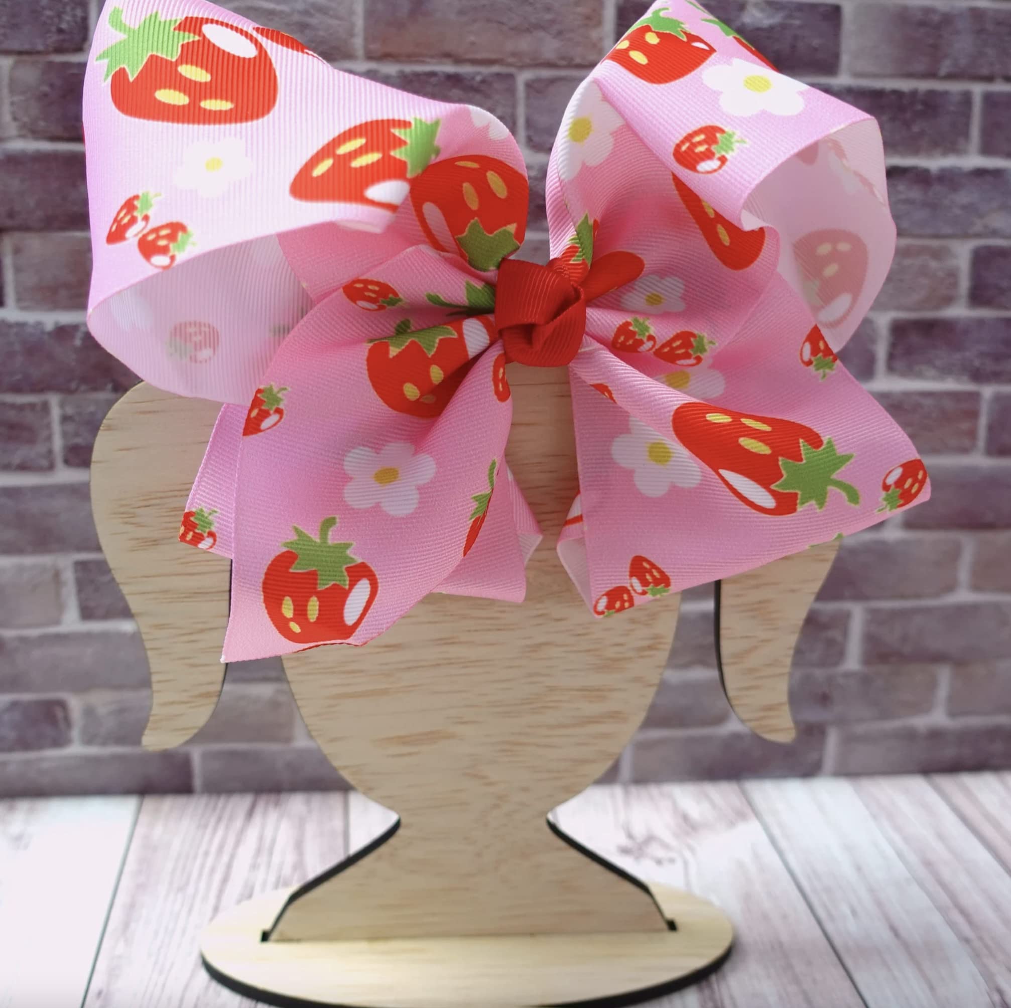 8-Inch Jumbo Handmade Grosgrain Ribbon Hair Bow with Alligator Clip - Pink Strawberry Design for Women & Girls | Perfect for Parties, Weddings, and Everyday Hair Accessories