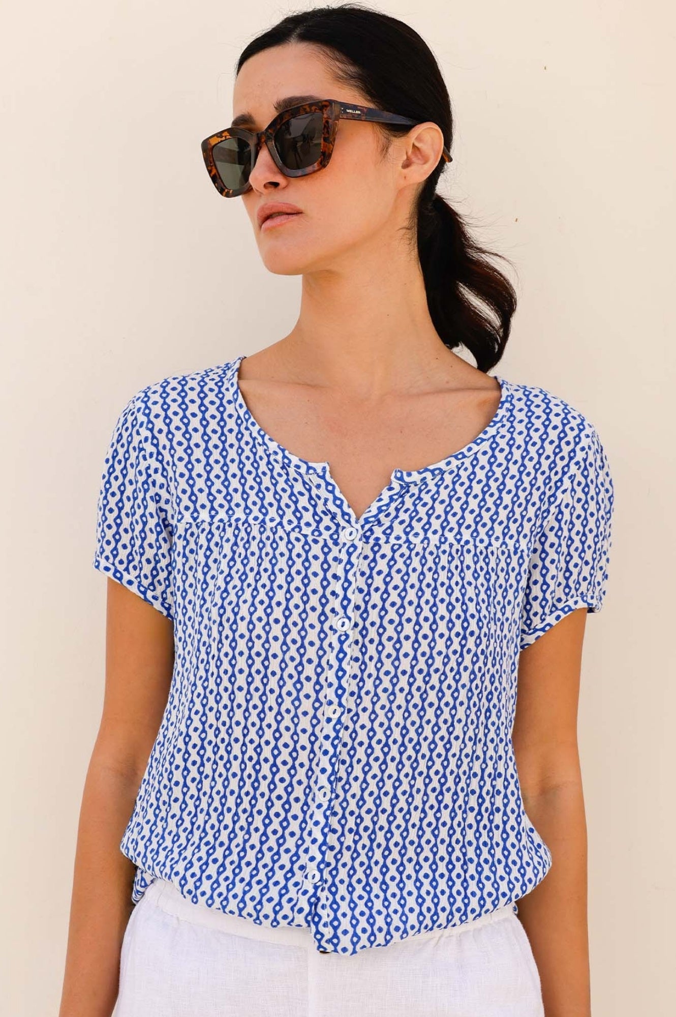 Lisbon Blouse - Santorini Border Blue & White Floral Print Women's Top | Casual Summer Beachwear & Vacation Outfit
