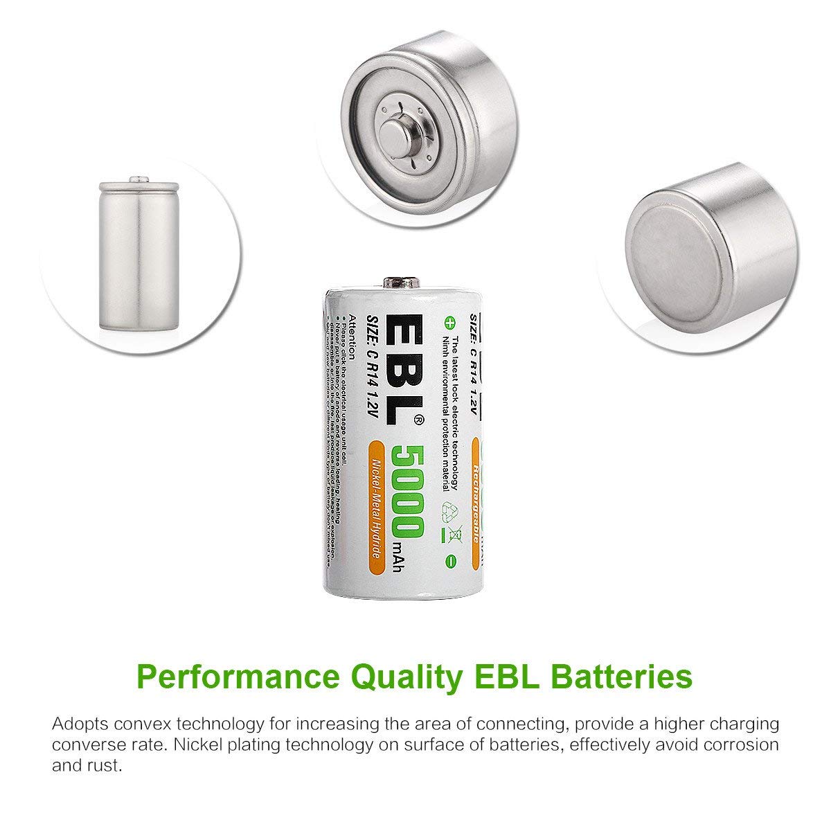 EBL 6 Pack C Cell Rechargeable Batteries 5000mAh High Capacity - 1.2V Ni-MH C Size Batteries with 1500 Cycles & Battery Case - Perfect for Flashlights, Toys, Medical Devices and Emergency Power Supply