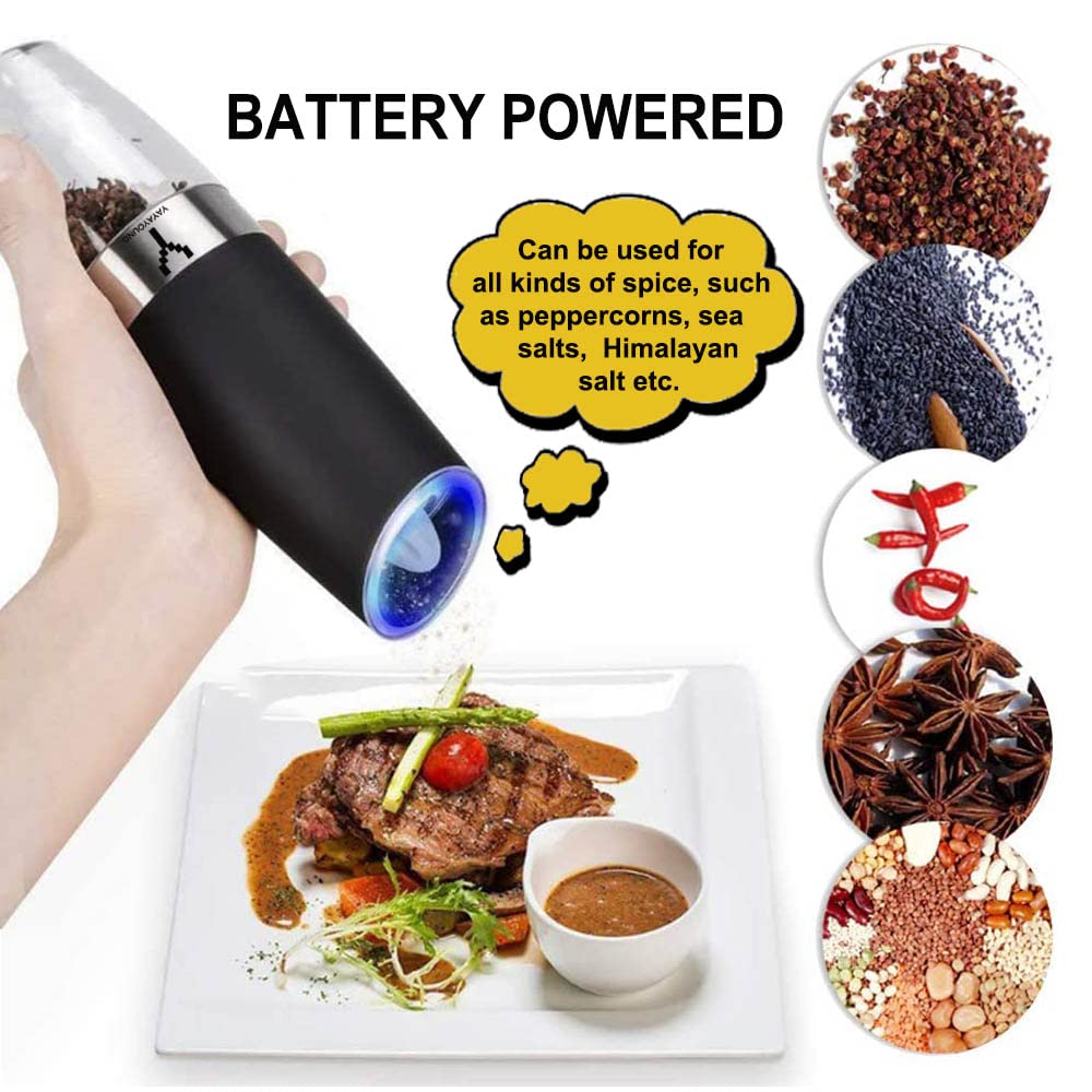 Premium Electric Salt and Pepper Grinder Set - Automatic Gravity Spice Mill with Adjustable Coarseness & Blue LED Light - Rechargeable Battery Operated - Perfect for Kitchen, Dining Table, Camping, and Gifts