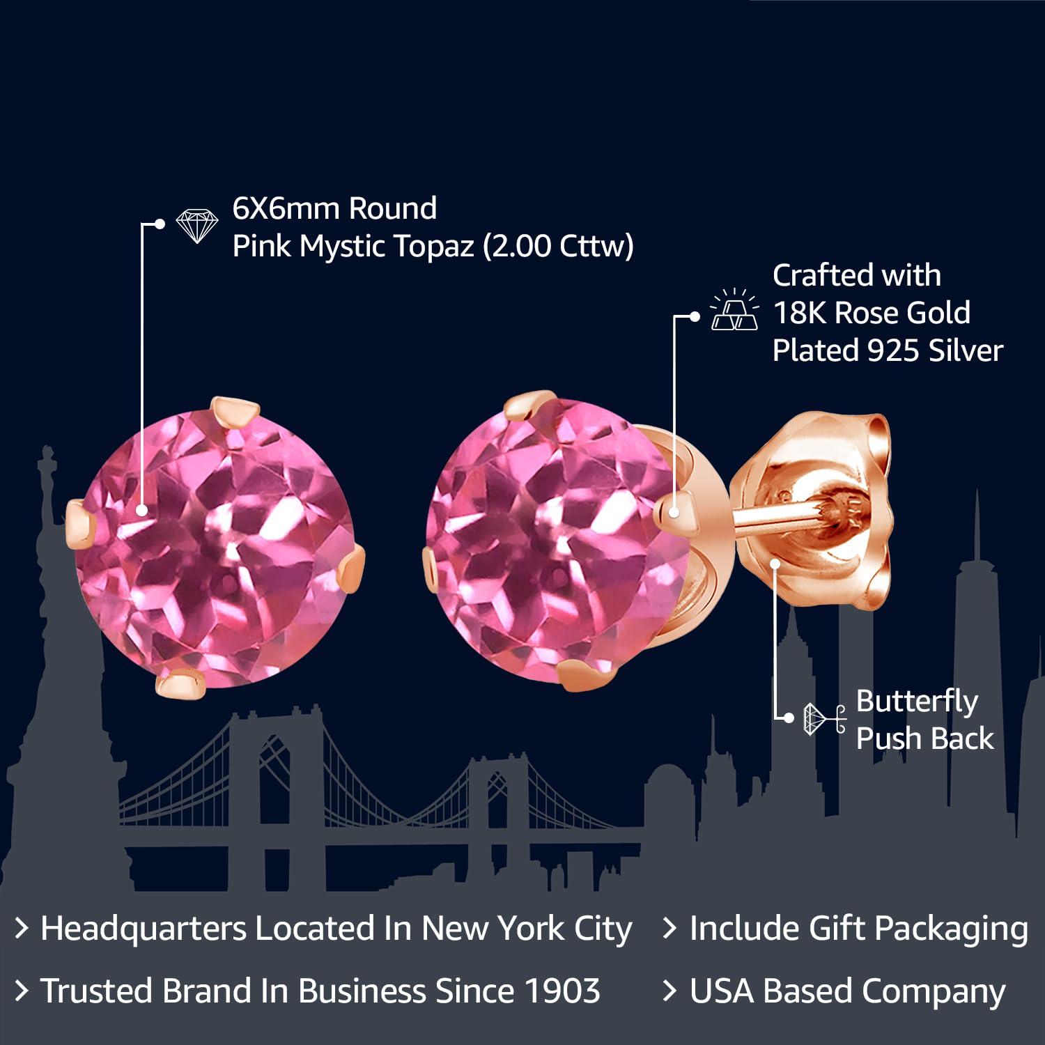 Gem Stone King 18K Rose Gold Plated Sterling Silver 6MM Round Birthstone Stud Earrings for Women & Men | Personalized Zodiac Jewelry Gift for Birthday, Anniversary & Special Occasions