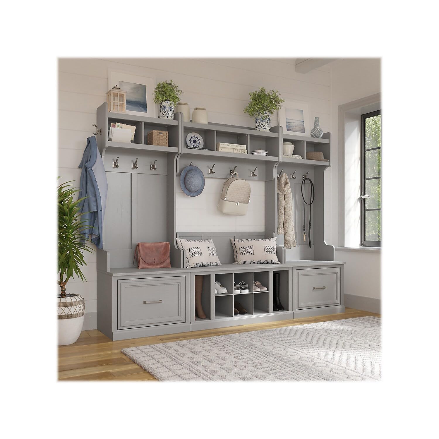 Bush Furniture Woodland 40W Shoe Storage Bench with Shelves in Cape Cod Gray | Entryway Shoe Organizer for Home, Mudroom & Foyer | Perfect for Small Spaces & Closet Organization