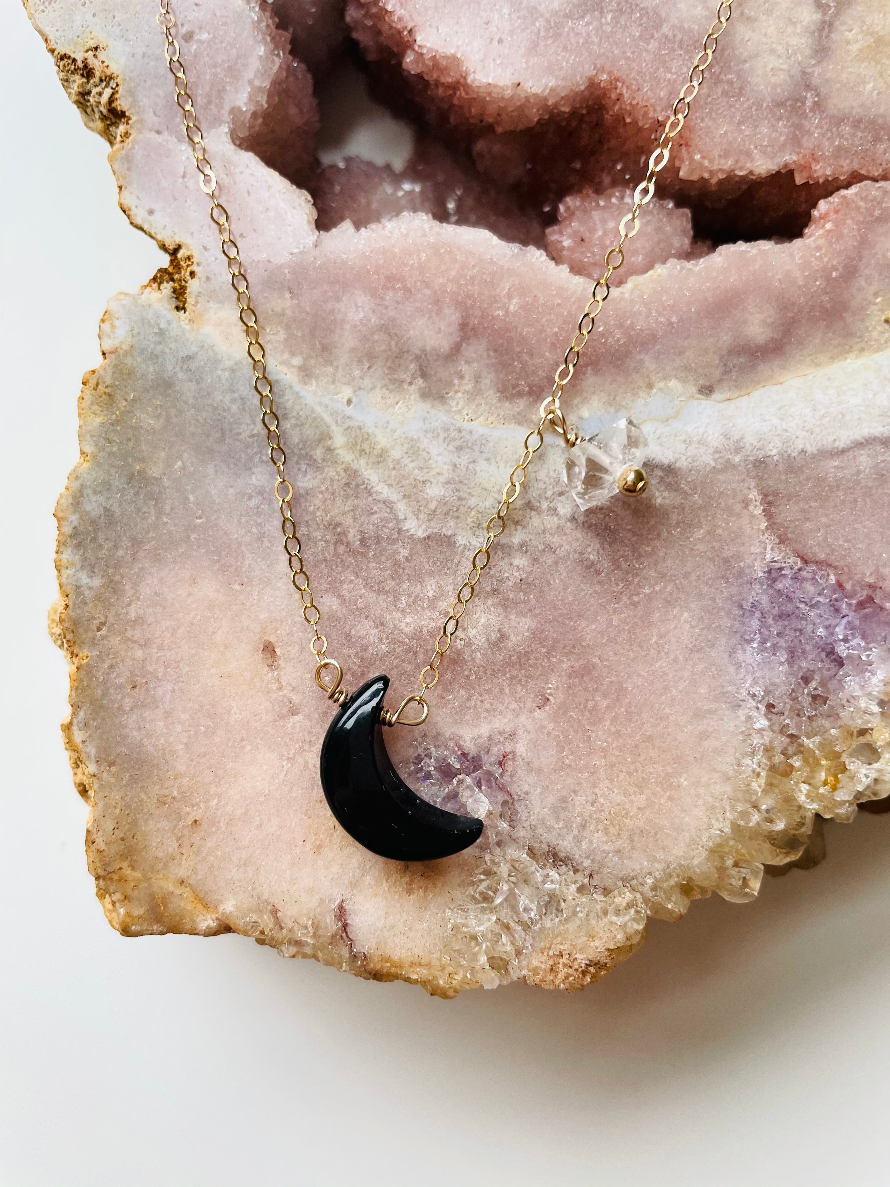 Black Onyx Crescent Moon Necklace with Herkimer Diamond Accent - 14K Gold Filled or Sterling Silver - Perfect for Boho Jewelry, Spiritual Healing & Everyday Elegance