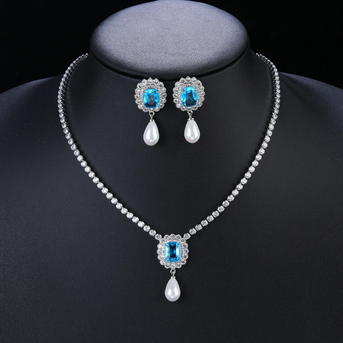 Elegant Cubic Zirconia Pearl Pendant Necklace & Earrings Set for Women - Bridal Wedding Jewelry Accessories - Perfect for Anniversary Gifts, Prom, and Formal Occasions