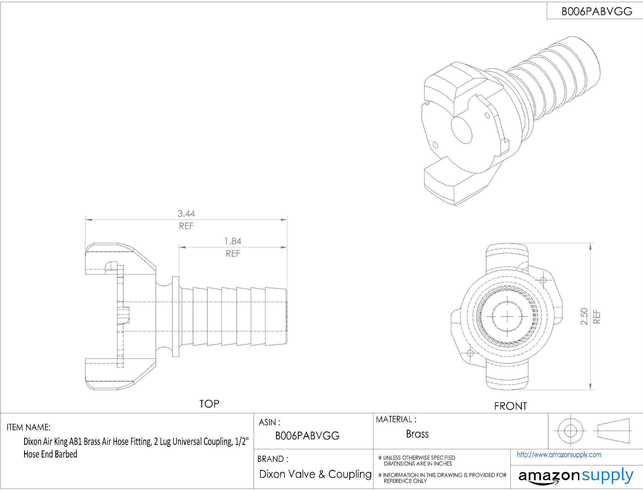 Dixon Air King AB1 Brass Air Hose Fitting - 2 Lug Universal Coupling, 1/2