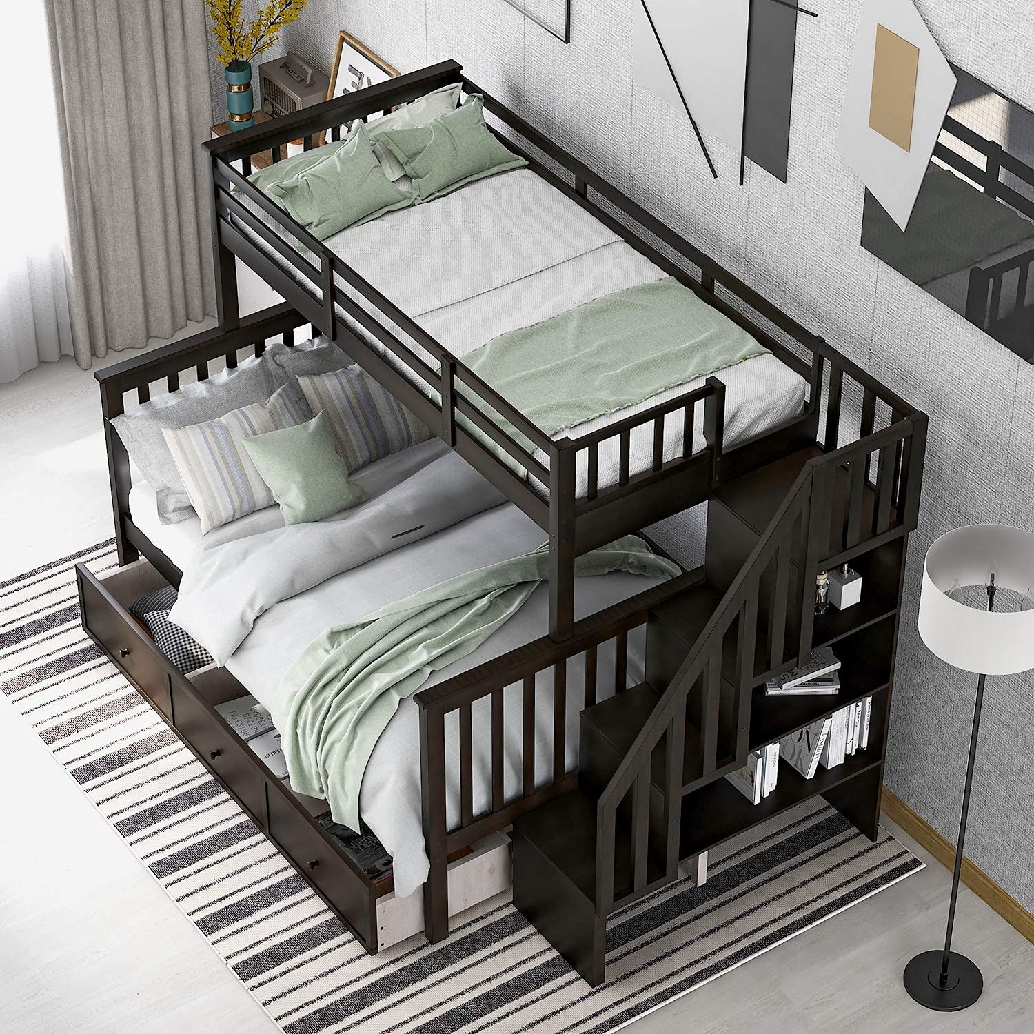 SOFTSEA Twin Over Full Bunk Bed with Stairs for Kids & Teens - Sturdy Wooden Bunk Bed with Storage Drawers, Full-Length Safety Rail - No Box Spring Required (Espresso Finish) - Perfect for Small Bedrooms, Shared Kids' Rooms & Vacation Homes
